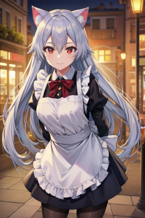 masterpiece, best quality, 1girl, tomoe gozen, torino style, glowing red eyes, smug smile, hair between eyes, silver long hair, cat ears, skirt, pantyhose, maid outfit, hands behind back, realistic, photorealistic, photo-realistic:1.37, ultra-detailed, HDR, UHD, studio lighting, extreme detail description, vivid colors, bokeh