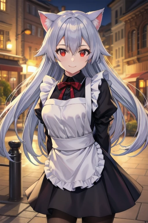 masterpiece, best quality, 1girl, tomoe gozen, torino style, glowing red eyes, smug smile, hair between eyes, silver long hair, cat ears, skirt, pantyhose, maid outfit, hands behind back, realistic, photorealistic, photo-realistic:1.37, ultra-detailed, HDR, UHD, studio lighting, extreme detail description, vivid colors, bokeh