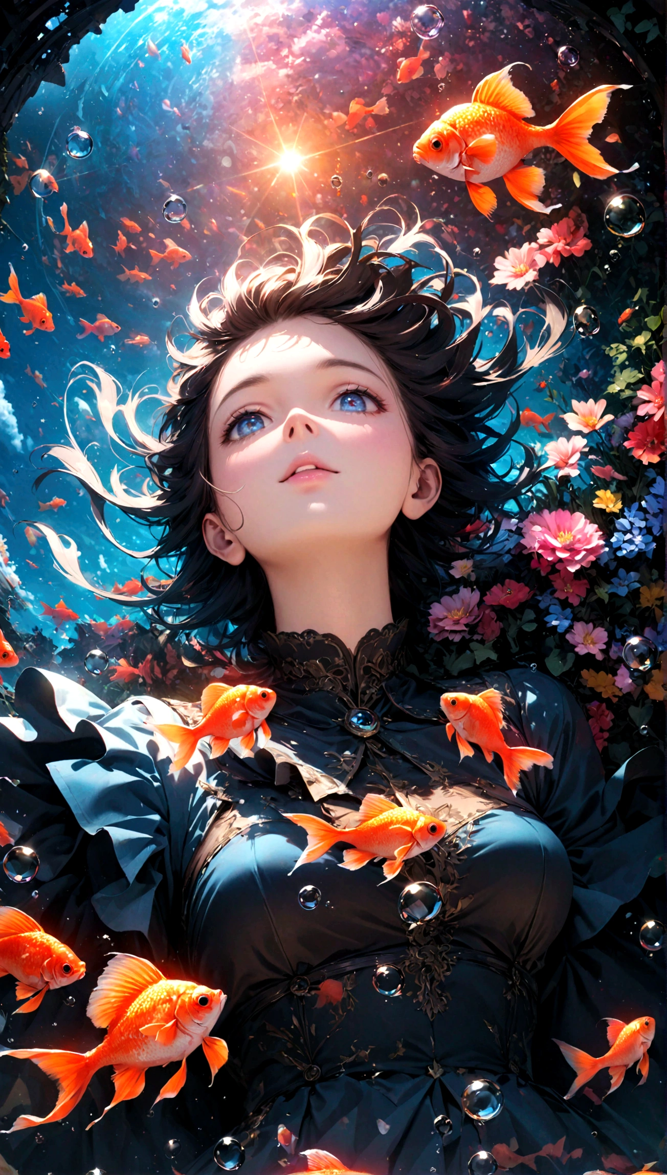 female\(cute,student, age of 15, JK, hair\(short,silver,floating\), cosmic colored eyes, black color uniform of school, pale skin, tired face with no shine in the eyes\) is looking up at the sky, (many goldfish\(red, beautiful,shiny scales \) in the air), (crystal clear bubbles as if underwater are shining prism here and there in the sky), beautiful sky, beautiful clouds, there are puddles at ground and the landscape is reflecting beautifully, Looking up from the back alley of a cramped slum to the wide open sky, summery colorful flowers are blooming here and there, you can see the flowing wind shining, there is the noonday moon and noonday stars in the sky,from below, BREAK ,quality\(8k,wallpaper of extremely detailed CG unit, ​masterpiece,hight resolution,top-quality,top-quality real texture skin,hyper realisitic,increase the resolution,RAW photos,best qualtiy,highly detailed,the wallpaper,cinematic lighting,ray trace,golden ratio\),