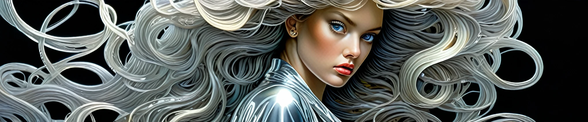 by hajime sorayama, ((masterpiece)), ((realistic)), (best quality:1.2), sublime 30 year old woman with druuna shapes, walking towards me, very long and curly hair, detailed hair, determined and intense look, very detailed eyes