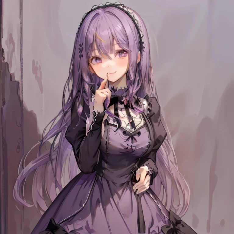 1 girl、Mature、Ample breasts、Purple Hair、Long Hair、Curly Hair、Half Up、Ribbon on head、Lolita Costume、Lady、A seductive smile、Black dress、With ruffles、rose、lace fabric gloves、Put your hand on your cheek、High resolution、highest quality