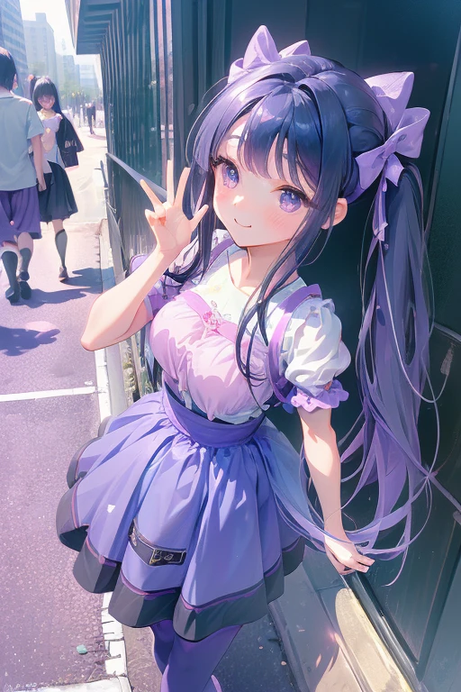 ((masterpiece)), (((HDR))), ((best quality)), (ultra high quality), (hi-res), ((1 anime girl)) (((pastel purple eyes))), beautiful eyes, detailed eyes, (()), (((blue black hair))), (bangs), tied hair, ((long straight hair)), (((small breast))), (((zettai ryouiki))), (plump thighs), (thin waist), (((thigh gap))), ((happy expression)), (smile), crooked tooth, sharp tooth, cute, facing camera, ((looking up at camera)), (leaning forward), bend at waist, (skirt), (idol clothes), (short-sleeved), ruffles, bows, standing, point, walking, in the city, outside, buildings, sidewalk, daytime, sunlight on face, noon, bright sun, city scenery, crosswalk, birds