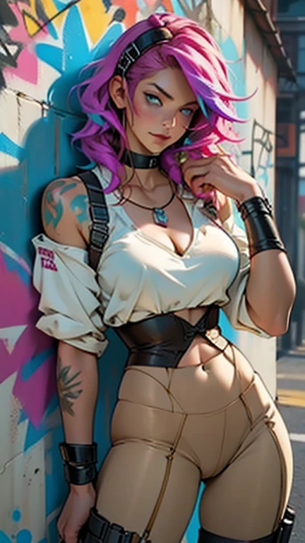A photo shoot with two Latinas (colossal cleavage:1.5, massive breasts: 2.0, multicolored hair, aqua eyes) holding hands, corset, gym leggings, choker, (graffiti:1.2), paint splatter, against wall, intricately detailed, intricately textured, hyperrealism looking at viewer, armband, thigh strap, paint on body, head tilt, bored, headset, peepshow, nip slip,(((petting camel toe)))