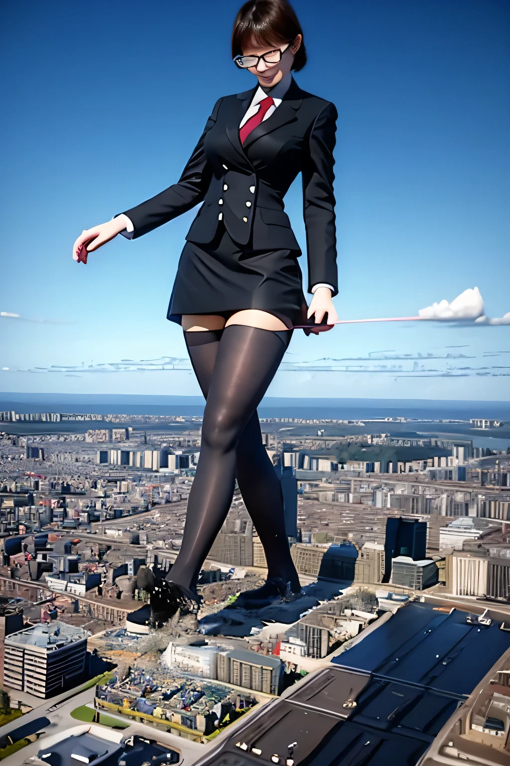 giantess art, highly detailed giantess shots, giantess, Two legs, Five fingers, short hair, A gigantic high school girl who is taller than a skyscraper, Wearing rimless glasses, smile, Big Breasts, Navy blazer, Red tie, mini skirt, Black Pantyhose, black pantyhose, no shoes on, toes visible through pantyhose, Steam coming out from the soles of my feet, Destroying cities, A very small big city, Miniature metropolis, Full body description, GTS, giga giantess, stomping city, crash city, tiny city, micro city, pantyhose feet, High resolution, highest quality, masterpiece, peeing self