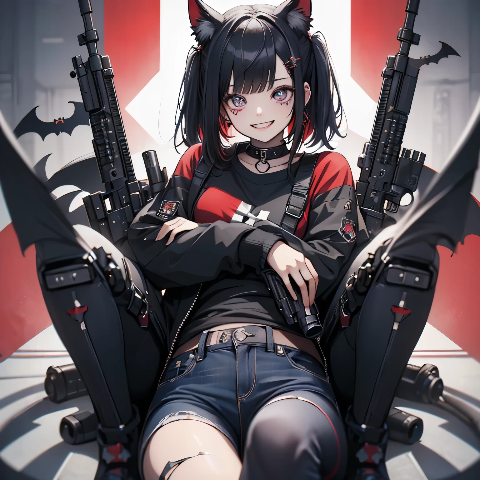 (masterpiece), highest quality, Ultra-high resolution,Black Hair、Big smile、Bat、rock、(Red Check:1.2)、Skin Jean、cool、(gun:1.3)、Visual Kei、Illness、Background padlock、target