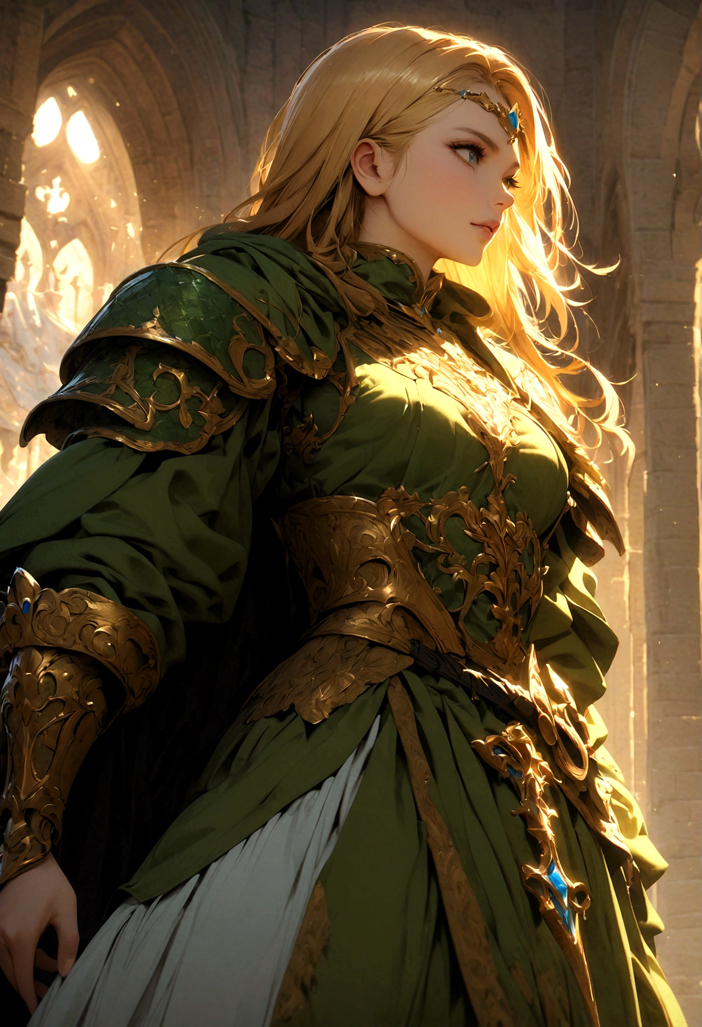 a grand duchess with golden hair, wearing a moss green medieval military uniform, hyper detailed, masterpiece, intricate details, beautiful ornate armor, ornate sword, medieval castle background, dramatic lighting, cinematic composition, vibrant colors, fantasy art