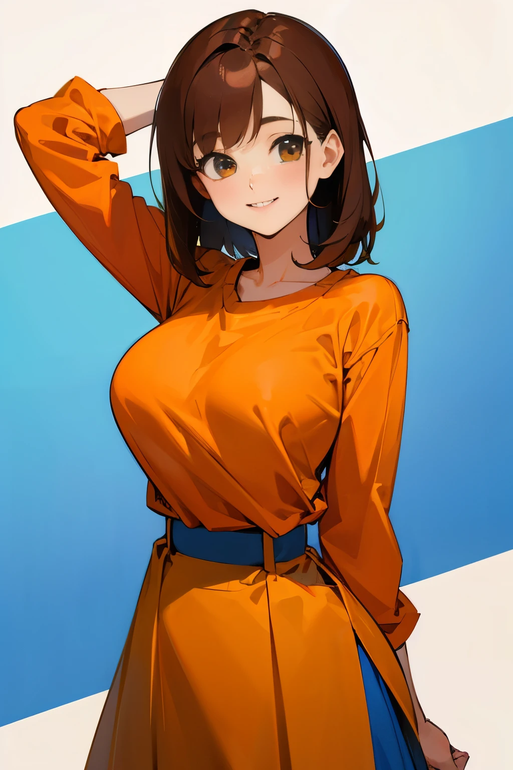 Girl, brown hair, smile, orange shirt, blue skirt, big breasts