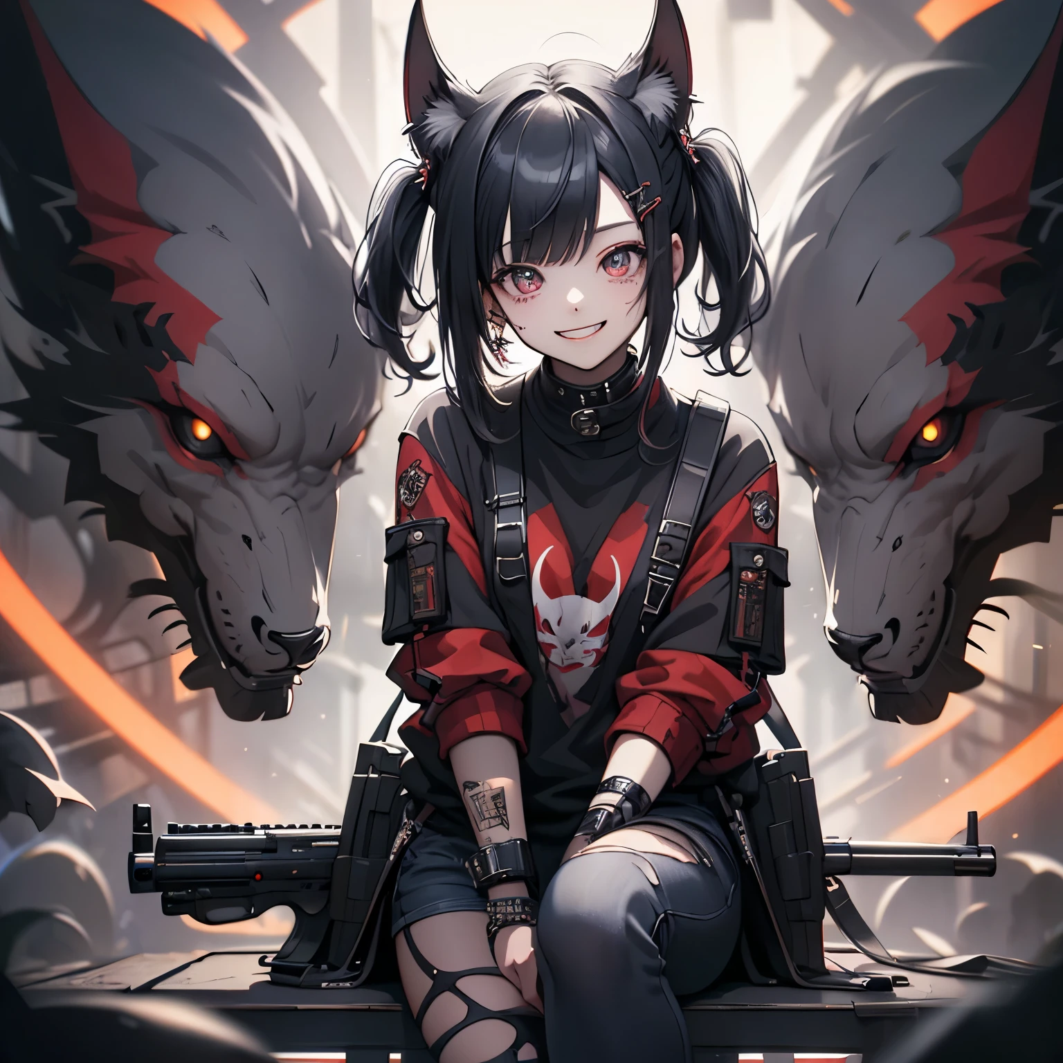 (masterpiece), highest quality, Ultra-high resolution,Black Hair、Big smile、Bat、rock、(Red Check:1.2)、Skin Jean、cool、(gun:1.3)、Visual Kei、Illness、background key