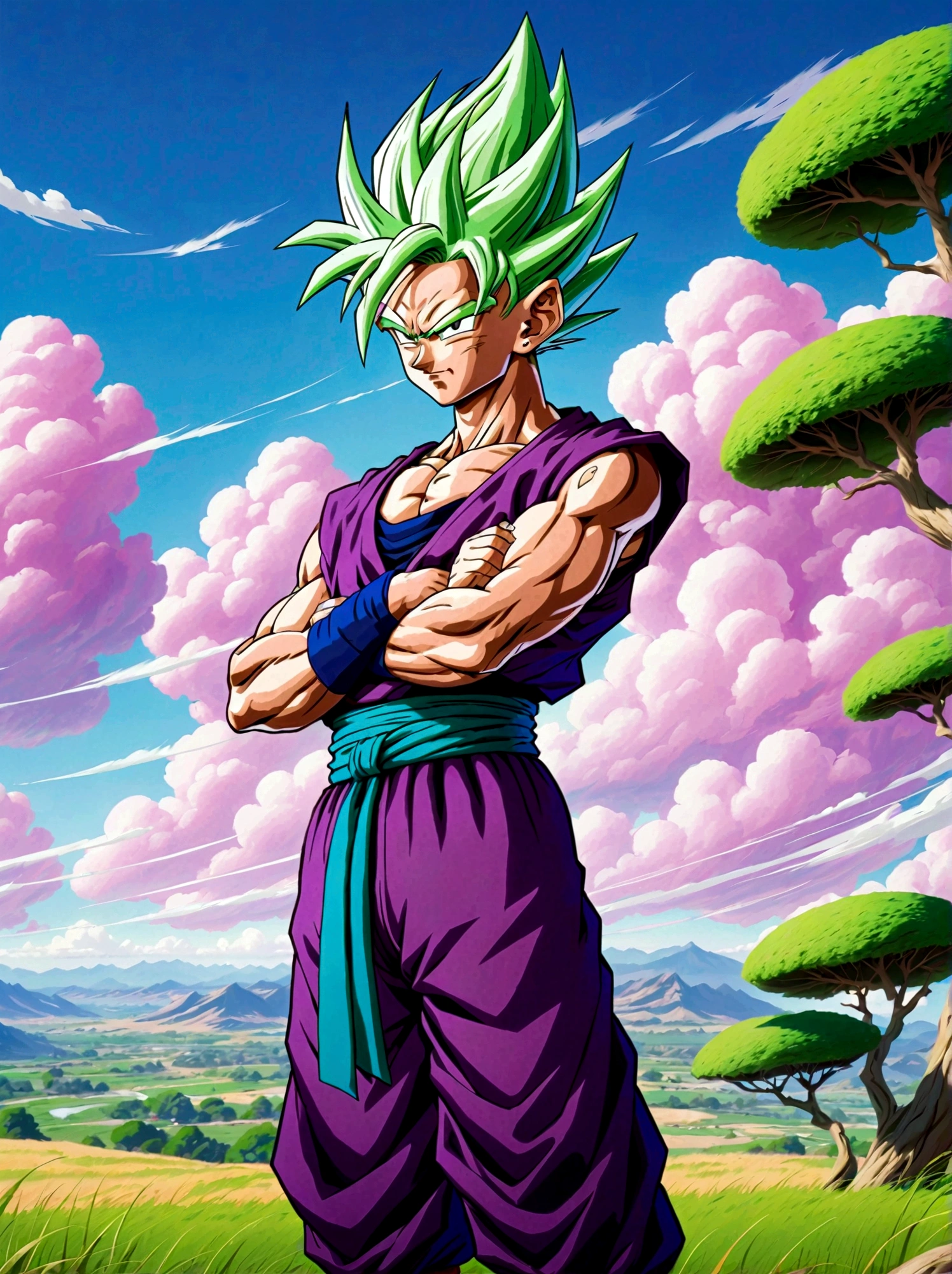 Dragon Ball, piccolo, 1boy, male focus, solo, green skin, pointy ears, black eyes, purple pants, crossed arms, standing, purple dougi,white cape,outdoors, grass, tree, pink patches, cloudy sky,blue sky, white turban,blue sash,looking at viewer