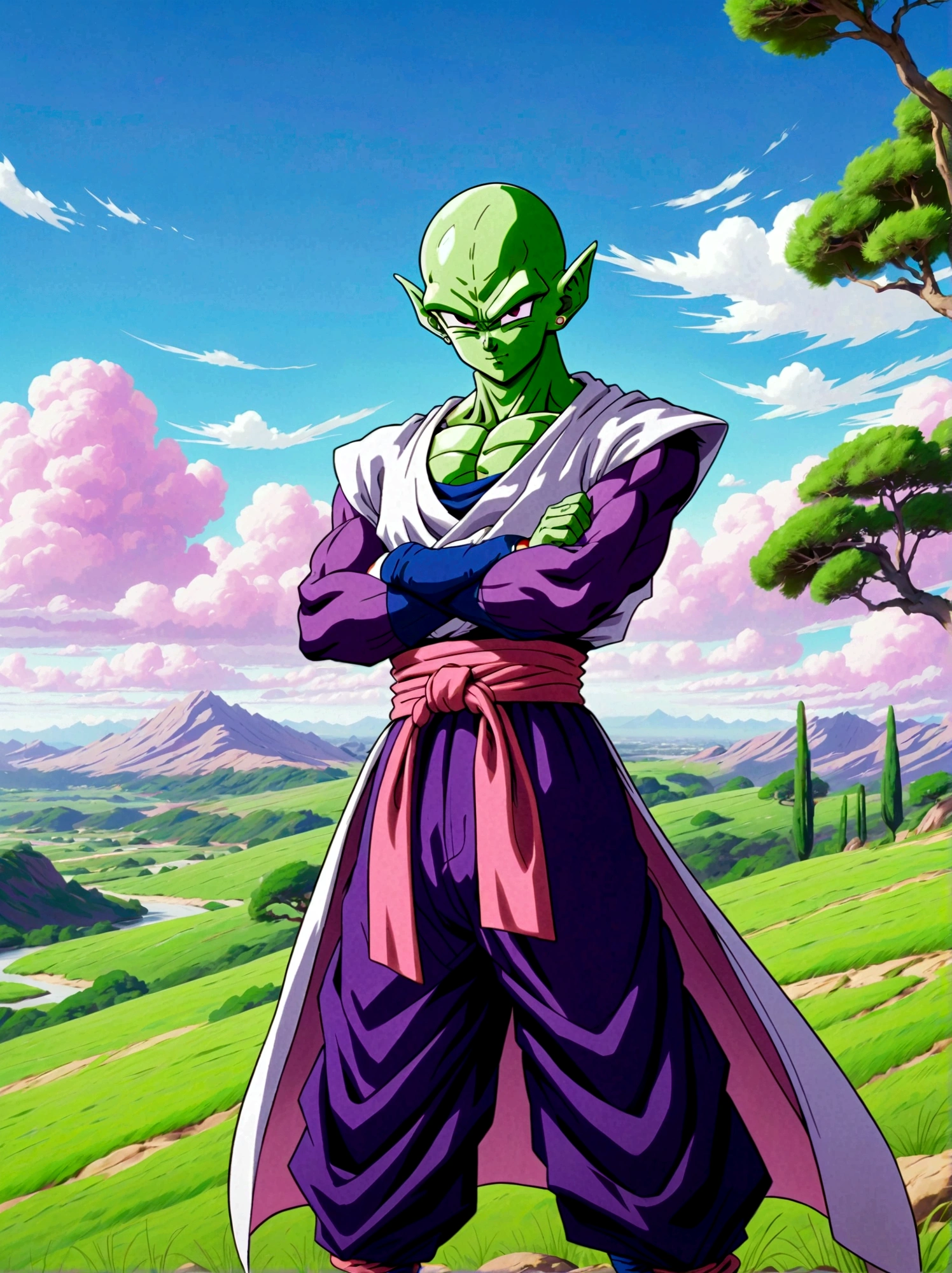 Dragon Ball, piccolo, 1boy, male focus, solo, green skin, pointy ears, black eyes, purple pants, crossed arms, standing, purple dougi,white cape,outdoors, grass, tree, pink patches, cloudy sky,blue sky, white turban,blue sash,looking at viewer