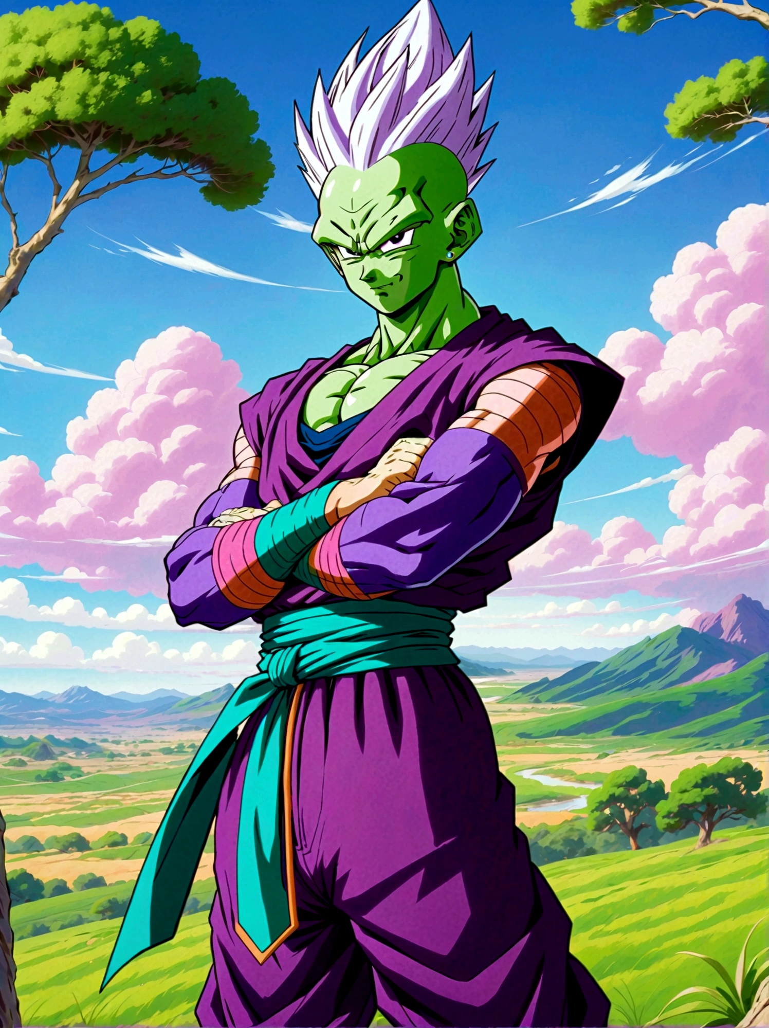 Dragon Ball, piccolo, 1boy, male focus, solo, green skin, pointy ears, black eyes, purple pants, crossed arms, standing, purple dougi,white cape,outdoors, grass, tree, pink patches, cloudy sky,blue sky, white turban,blue sash,looking at viewer