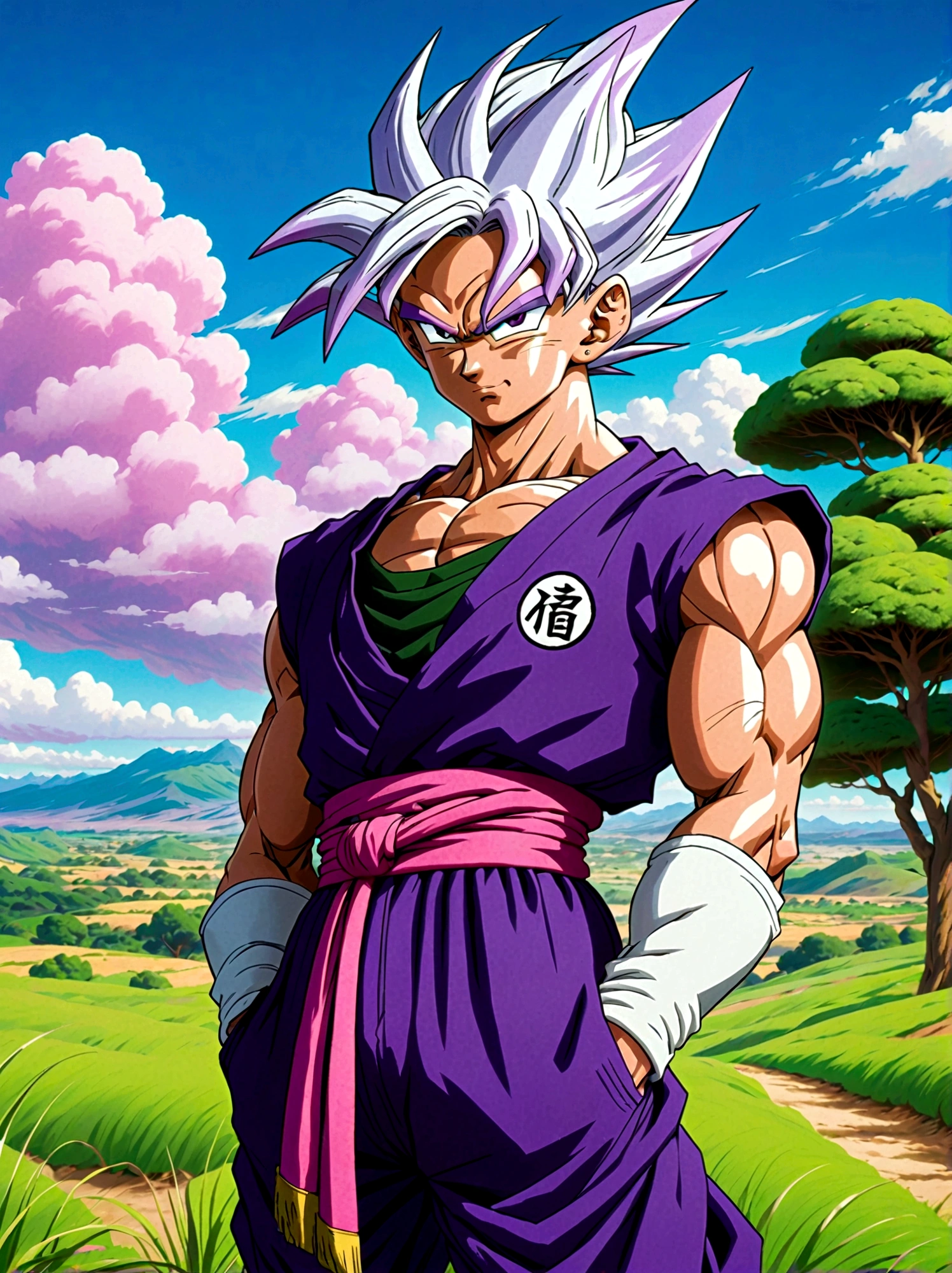 Dragon Ball, piccolo, 1boy, male focus, solo, green skin, pointy ears, black eyes, purple pants, crossed arms, standing, purple dougi,white cape,outdoors, grass, tree, pink patches, cloudy sky,blue sky, white turban,blue sash,looking at viewer