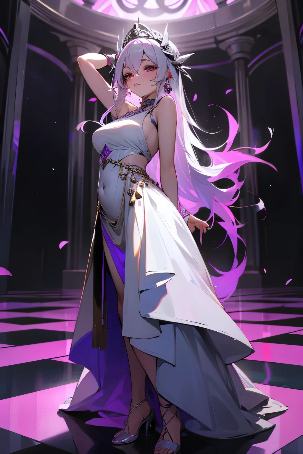 Modern goddess of lust and love, darker desire, in a modern temple, colors of her dress lila and silver