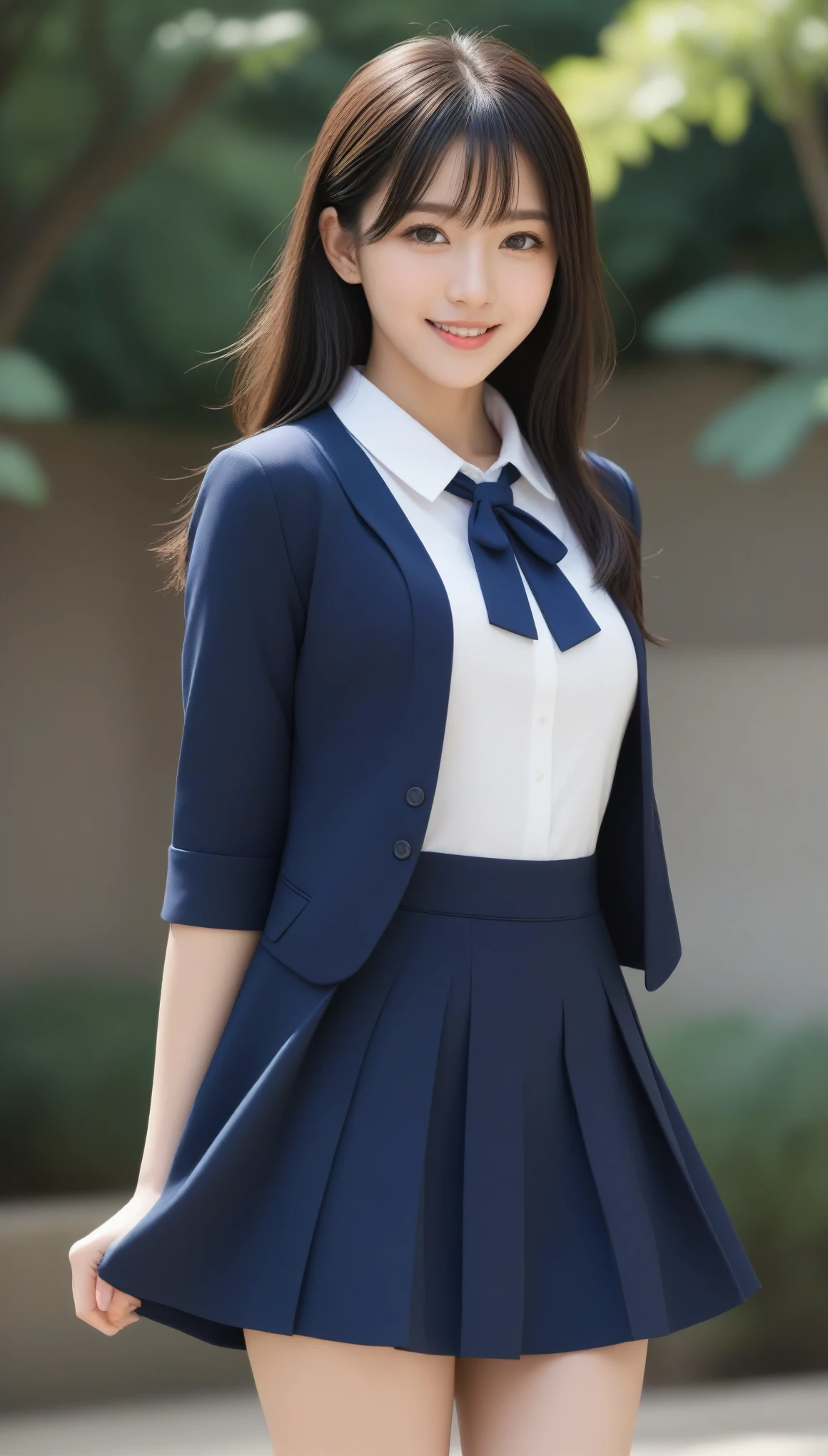 8k, 超High resolution, highest quality, masterpiece, Rule of thirds photography,Surreal, photograph, 1 girl, (16 years old:1.3), pretty girl, Cute Face, Beautiful eyes in every detail, 細かくdetailedに,masterpiece,, One Girl:1.2, Japan Female Announcer,very cute and beautiful girl,(Very exquisite beautiful face and eyes),(smile),Happy,View Viewer, Black Hair,serafuku,Short sleeve,(Pleated navy blue mini skirt),Are standing,Have a school bag, School courtyard, (highest quality,masterpiece),Absurd,High resolution,超detailed,非常にdetailed,32k,8K resolution, Intricate details,Movie Scenes,detailedな背景,alone,Dynamic Angle,Perfect hands ,Wearing high heels ,Bold Pose,Looking at the audience、beauty,Long neck、Laugh a little、Please close your mouth and laugh、(((Ideal body type))),A-cup small breasts :2,whole body、Perfect Anatomy、鮮明なdetailed、detailed、Surreal、Light and shadow,Strong light