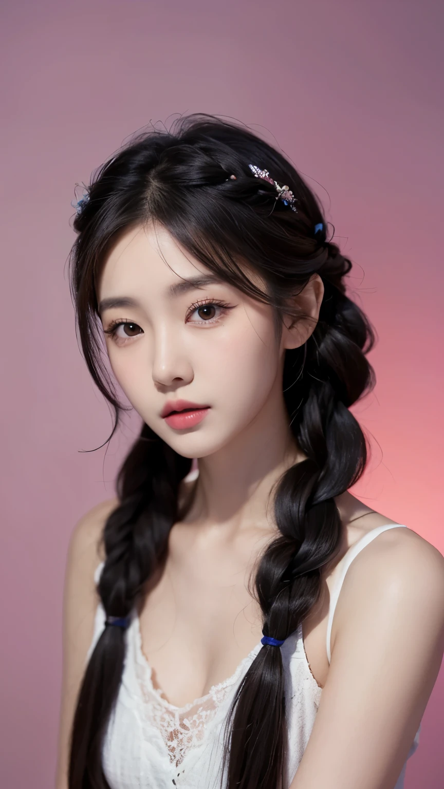 Half body portrait of Korean woman with braided hair, Beautiful and spellbinding for every eye, Under the eyes, night picture, dress up tank top, flowers in hair