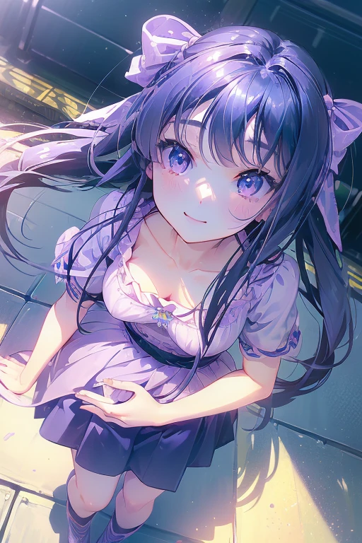 ((masterpiece)), (((HDR))), ((best quality)), (ultra high quality), (hi-res), ((1 anime girl)) (((pastel purple eyes))), beautiful eyes, detailed eyes, ((teen)), (((blue black hair))), (bangs), tied hair, ((long straight hair)), (((small breast))), (((zettai ryouiki))), (plump thighs), (thin waist), (((thigh gap))), ((happy expression)), (smile), crooked tooth, sharp tooth, cute, facing camera, ((looking up at camera)), (leaning forward), bend at waist, (skirt), (idol clothes), (short-sleeved), ruffles, bows, standing, point, walking, in the city, outside, buildings, sidewalk, daytime, sunlight on face, noon, bright sun, city scenery, crosswalk, birds