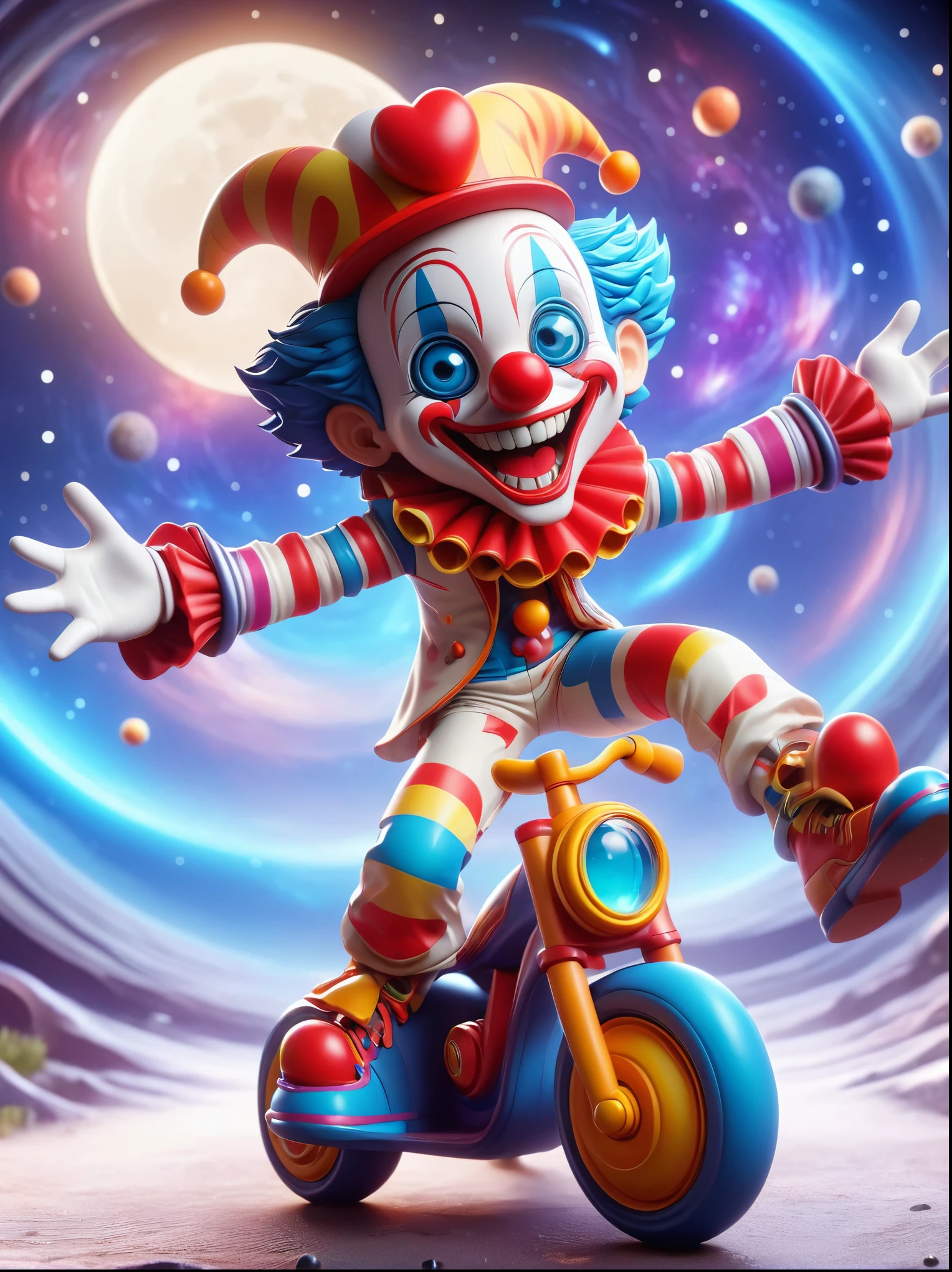 (chibi), 1boy, solo, (A visually impactful Q-version clown image),  Wearing a black visor，Wearing a crisp white suit with red shoulder straps，Cute clown riding a motorcycle with big grip tires(Children's tricycle), (Exploring the lunar surface)，(The background shows a stunning galaxy filled with stars and cosmic wonders:1.3), Imaginative image of space exploration, Add whimsy to the scene, full-body shot, Cartoon Style, Created with C4D and Blender, Blind box toy styles, Super Detail, anatomically correct, masterpiece, accurate, award winning, 8k, (Long-range shooting:1.4), (Wide Angle)