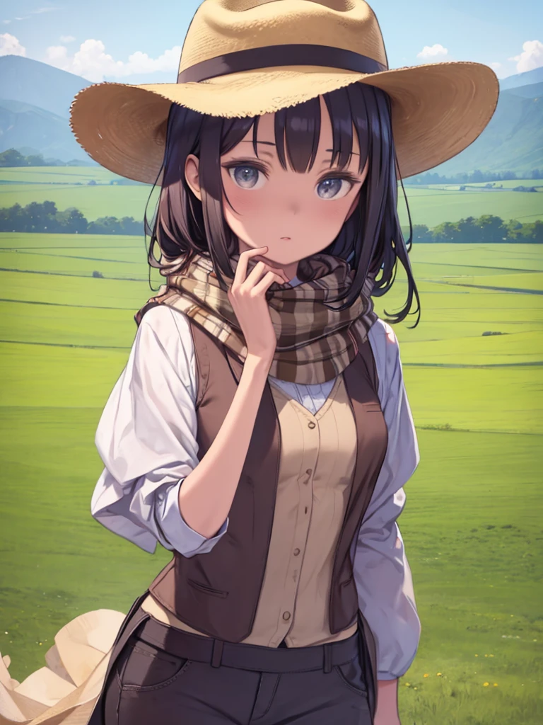 Portrait of a beautiful woman on a muddy farm:1.2 , Cowboy hat, Fringe Vest , pants, scarf , trust , Mid-chest,