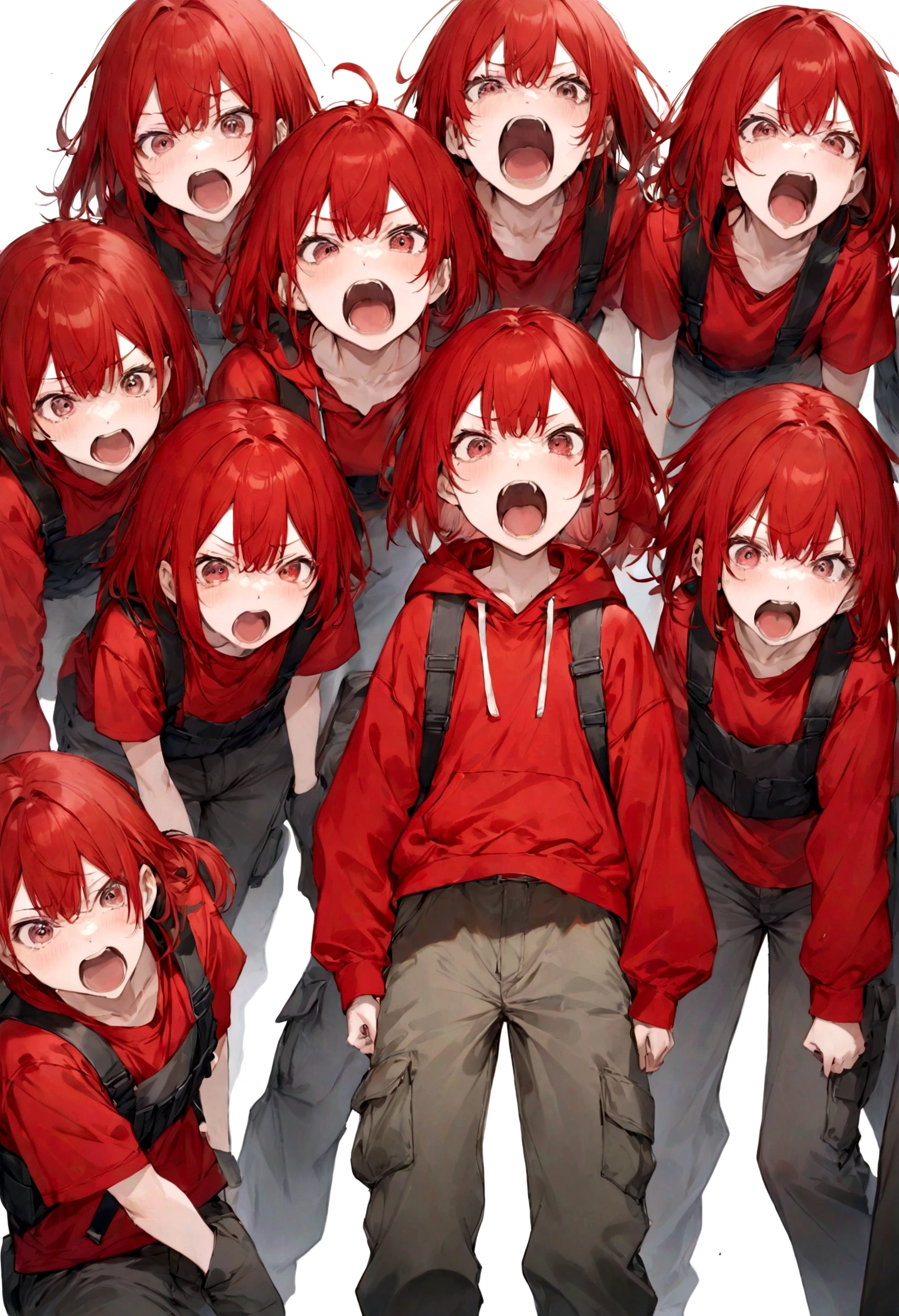 Japanese、Red Hair、Wear a red hoodie、10 heads、Overall image、No background、Wearing cargo pants、Screaming
