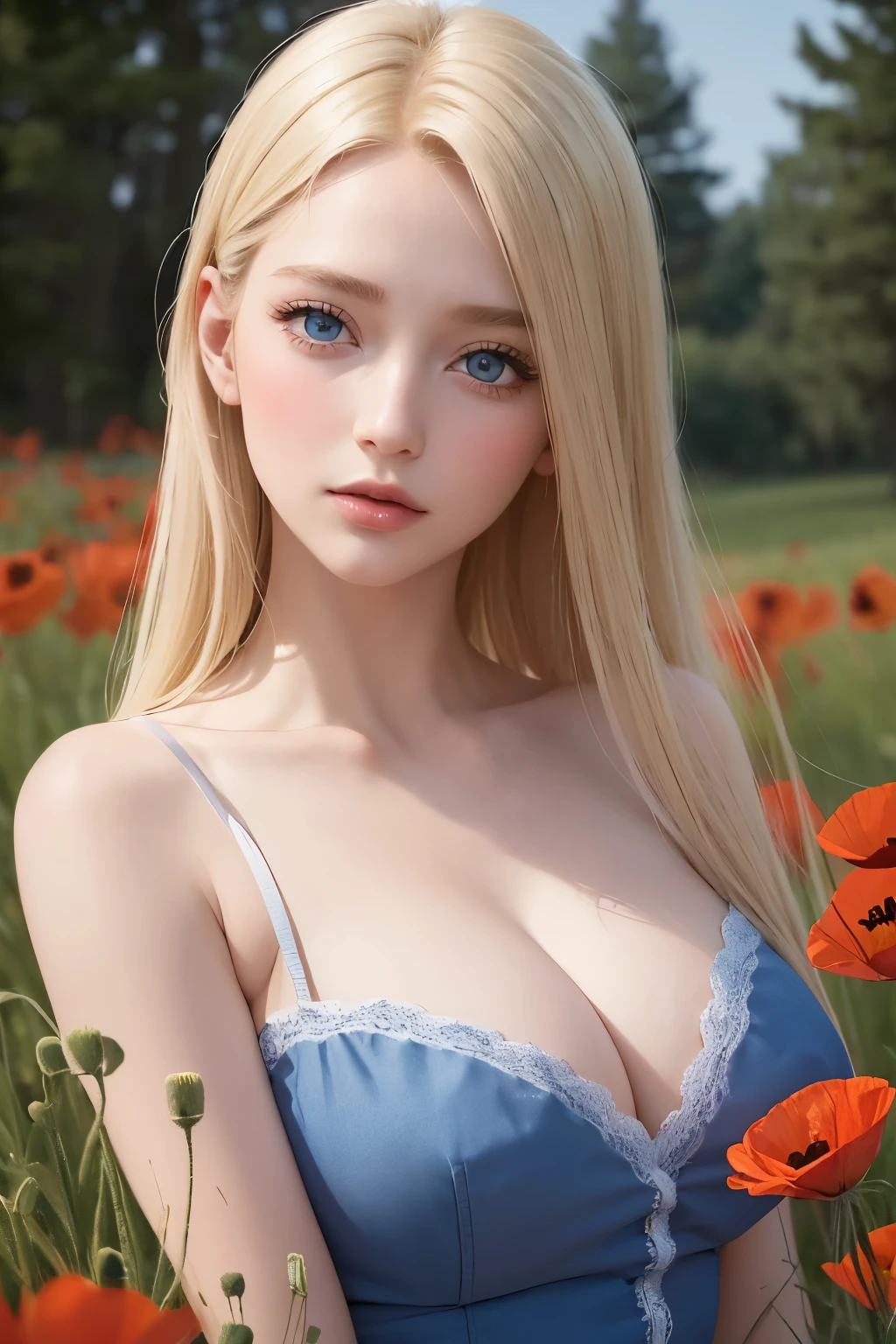 1 Girl, One, elegant hair (whole body: 1.1), (I look at the viewer: 1.1), wild poppies sway in the wind, movie, Best quality, masterpiece, blond hair, Blue eyes. Exquisite mouth, Delicate mouth, very detailed face, blush, shiny moist skin, Normal language, Don't stick your tongue out, Pink lips, Gentle lips, ((all over the face, рот and cheeks))