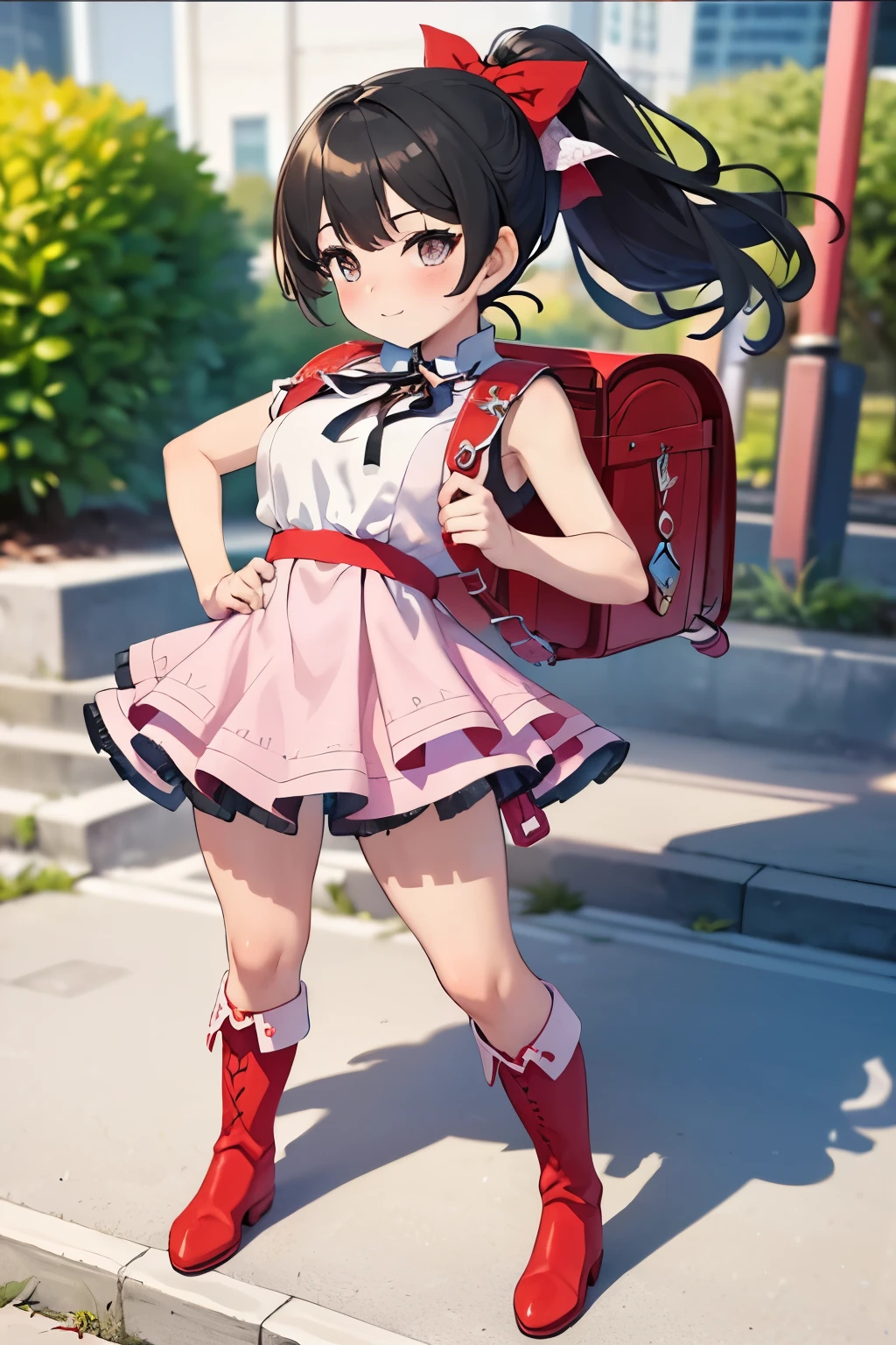 masterpiece, High resolution, Realistic, Black Hair, Asian Girl, p○nytail, hair ribb○n,(Very young face).○, 1girl wearing a pink id○l dress (((Sparkling idol dress that exposes beautiful thighs:1.2)))、(Wearing a flipped up, too short mini frill skirt), (Black Hairのアジア人), Outdoor, ponytail, Are standing, Outdoor, wearing red Backpack, (Backpack:1.1) (Red backpack:1.2)、((Beautiful thighs:1.39)),((lovely:1.4)), standing fullbody, wearing red boots, (boots:1.2), ponk neck ribbon, red hair ribbon 