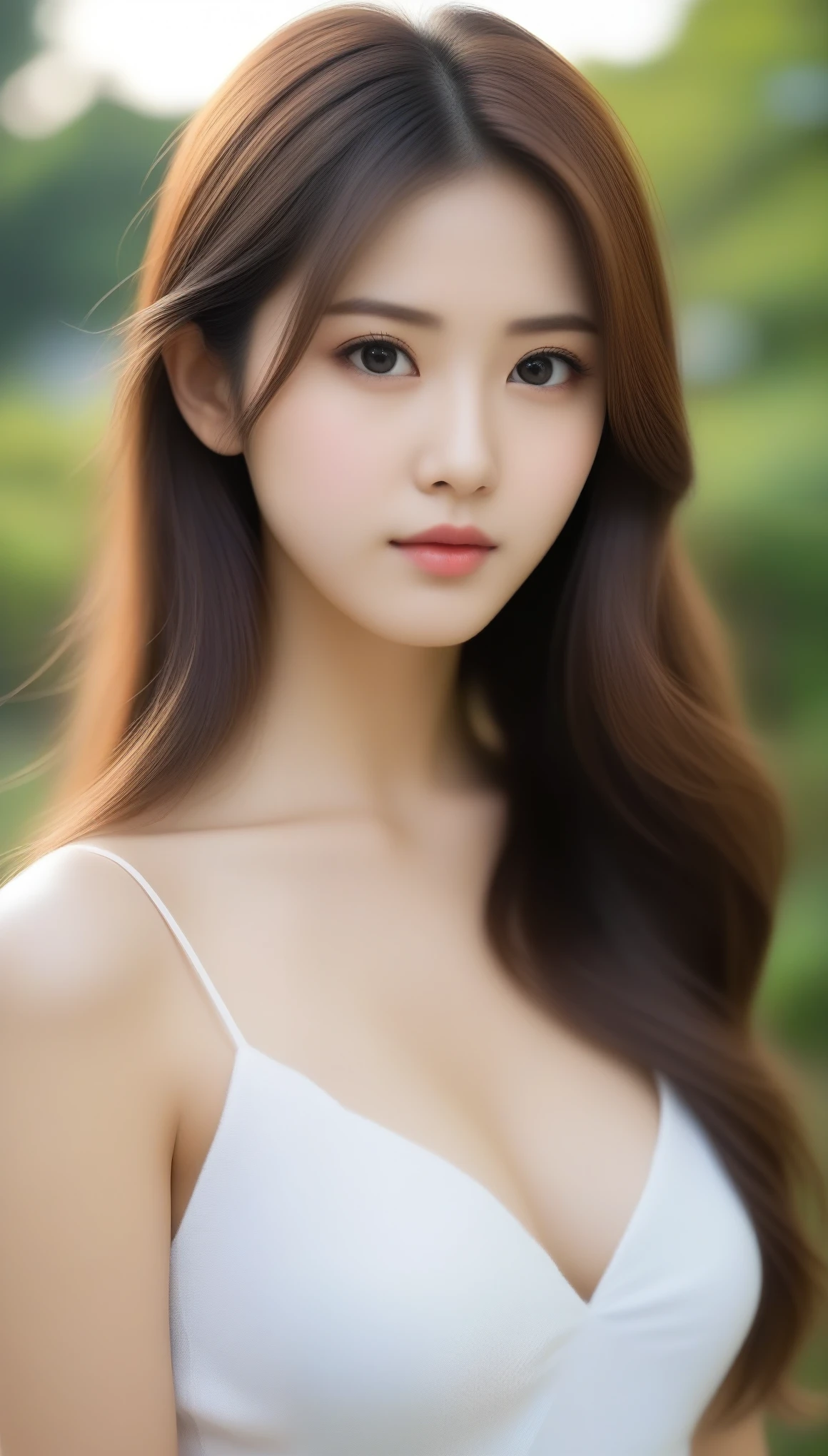 8k, highest quality, masterpiece, Realistic, Super detailed, photo Realistic, Improvement of quality, 8k, Ultra-high resolution, highest quality, masterpiece, Rule of thirds photography,Surreal, photograph, 1 girl, (16 years old:1.3), pretty girl, Cute Face, Beautiful eyes in every detail, In detail,masterpiece,, One Girl:1.2, Japan Female Announcer,野原に立っている少女のphotograph, White camisole dress,The designer's dark and gloomy style, Large chunk, Photobash, Calm face, Jagged Edges, navy, Natural Beauty, Close-up shot