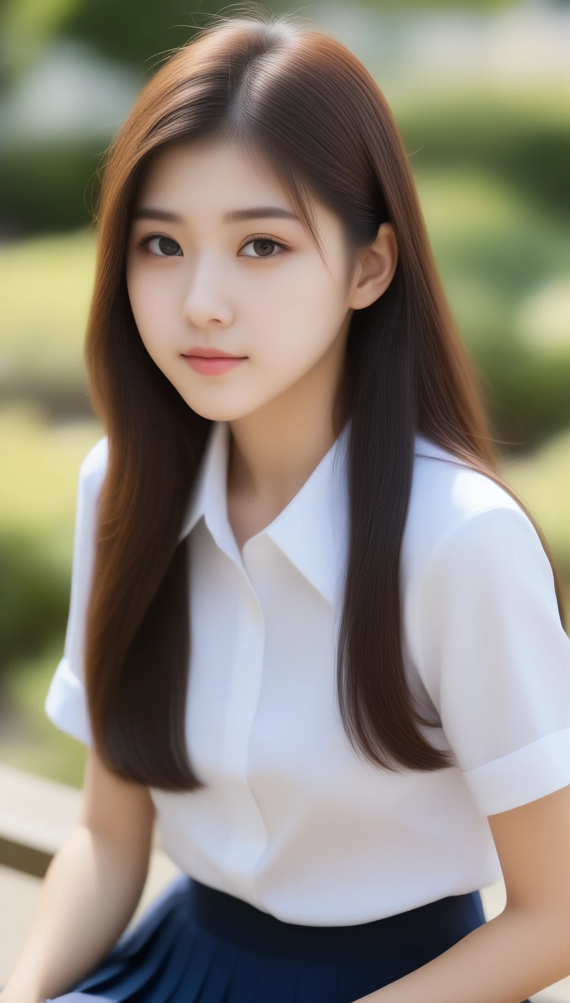 8k, highest quality, masterpiece, Realistic, Super detailed, photo Realistic, Improvement of quality, 8k, 超High resolution, highest quality, masterpiece, Rule of thirds photography,Surreal, photograph, 1 girl, (:1.3), pretty girl, Cute Face, Beautiful eyes in every detail, In detail,masterpiece,One Girl:1.2, 日本のwomanアナウンサー,[[super high quality,masterpiece,High resolution]],(((Japanese,woman,beauty,high school girl))),(sitting on a bench with arms crossed),(((Small face,Body with seven heads,Flat Chest,Small Ass,Tight waist,Slender body,thin and beautiful fingers))),(((Japanese high school summer clothes,White Short Sleeve Button Shirt,A simple polyester shirt,Navy Pleated Skirt,Long pleated skirt))),(((short hair,Dark brown hair,Shiny Hair))),Japanese school,Sitting on a bench in the courtyard of the school,sunny,Daytime
