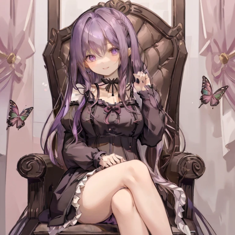 1 girl、Mature、Ample breasts、Purple Hair、Long Hair、Full hair、Curly Hair、Vertical roll hair、Half Up、ta Costume、Open-chested clothing、With ruffles、gorgeous、Black Dress、choker、リボンのchoker、lace fabric gloves、lovely、A seductive smile、With roses、Butterflies fluttering、Sit in a plush chair、Lady、High resolution、highest quality