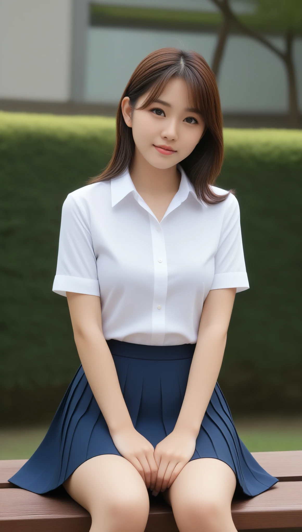 8k, highest quality, masterpiece, Realistic, Super detailed, photo Realistic, Improvement of quality, 8k, 超High resolution, highest quality, masterpiece, Rule of thirds photography,Surreal, photograph, 1 girl, (16 years old:1.3), pretty girl, Cute Face, Beautiful eyes in every detail, In detail,masterpiece,One Girl:1.2, 日本のwomanアナウンサー,[[super high quality,masterpiece,High resolution]],(((Japanese,woman,beauty,high school girl))),(sitting on a bench with arms crossed),(((Small face,Body with seven heads,Flat Chest,Small Ass,Tight waist,Slender body,thin and beautiful fingers))),(((Japanese high school summer clothes,White Short Sleeve Button Shirt,A simple polyester shirt,Navy Pleated Skirt,Long pleated skirt))),(((short hair,Dark brown hair,Shiny Hair))),Japanese school,Sitting on a bench in the courtyard of the school,sunny,Daytime