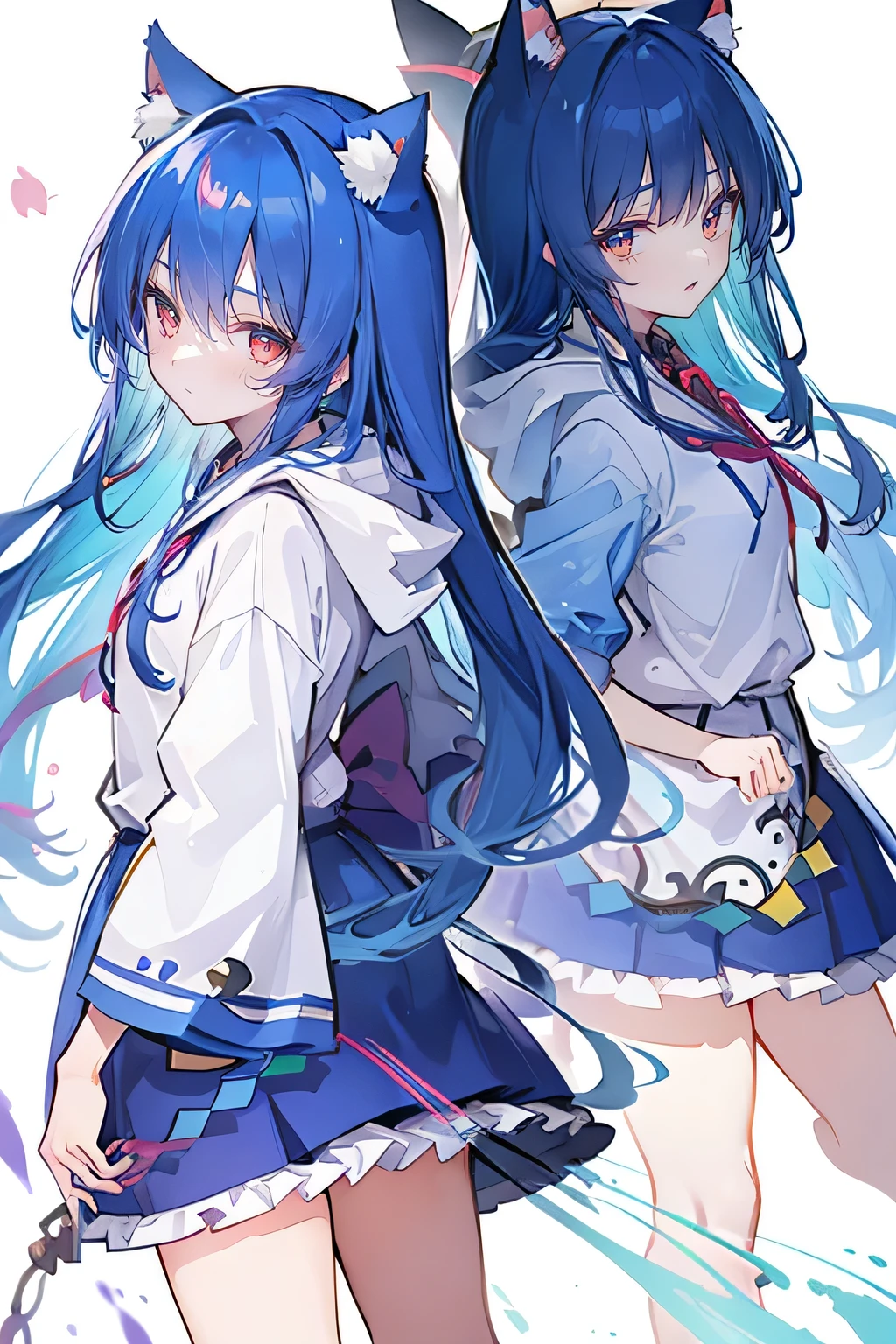 （masterpiece：1.2），Super detailed，lifelike，Expressive eyes，fair skin，perfect face shape，1 girl，
Japanese comics,Gorgeous blue hair,flowing blue hair,flowing clothes,Cat ears,Petals fall,beautiful lola,Baby Angel,
Shaking head with one hand，Cross your legs，Gentle and peaceful background，The pavilion is cool and comfortable,smile, wearing hoodie, background of tokyo,back views.