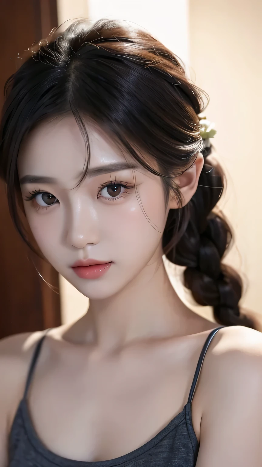 Half body portrait of Korean woman with braided hair, Beautiful and spellbinding for every eye, Under the eyes, night picture, dress up tank top, flowers in hair