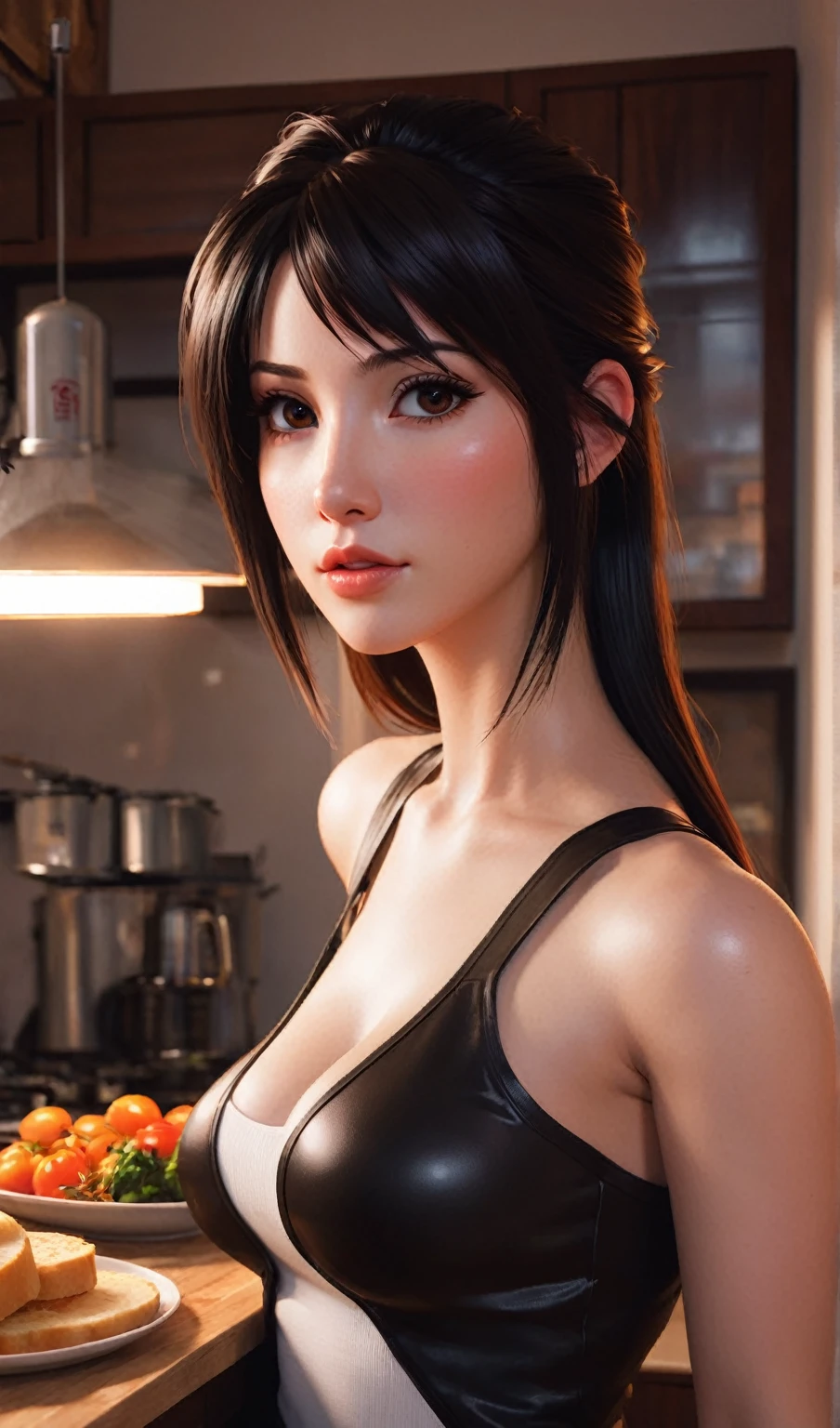 hay una mujer que esta posando en una cocina, una pintura digital inspirada en Alena Aenami, Ganador del concurso Artstation, Arte digital, seductive animado girl, Arte digital ilya kuvshinov, obra de arte al estilo de guweiz, realistic art style, photorealistic art style, animado. soft lighting, retrato seductor de tifa lockhart