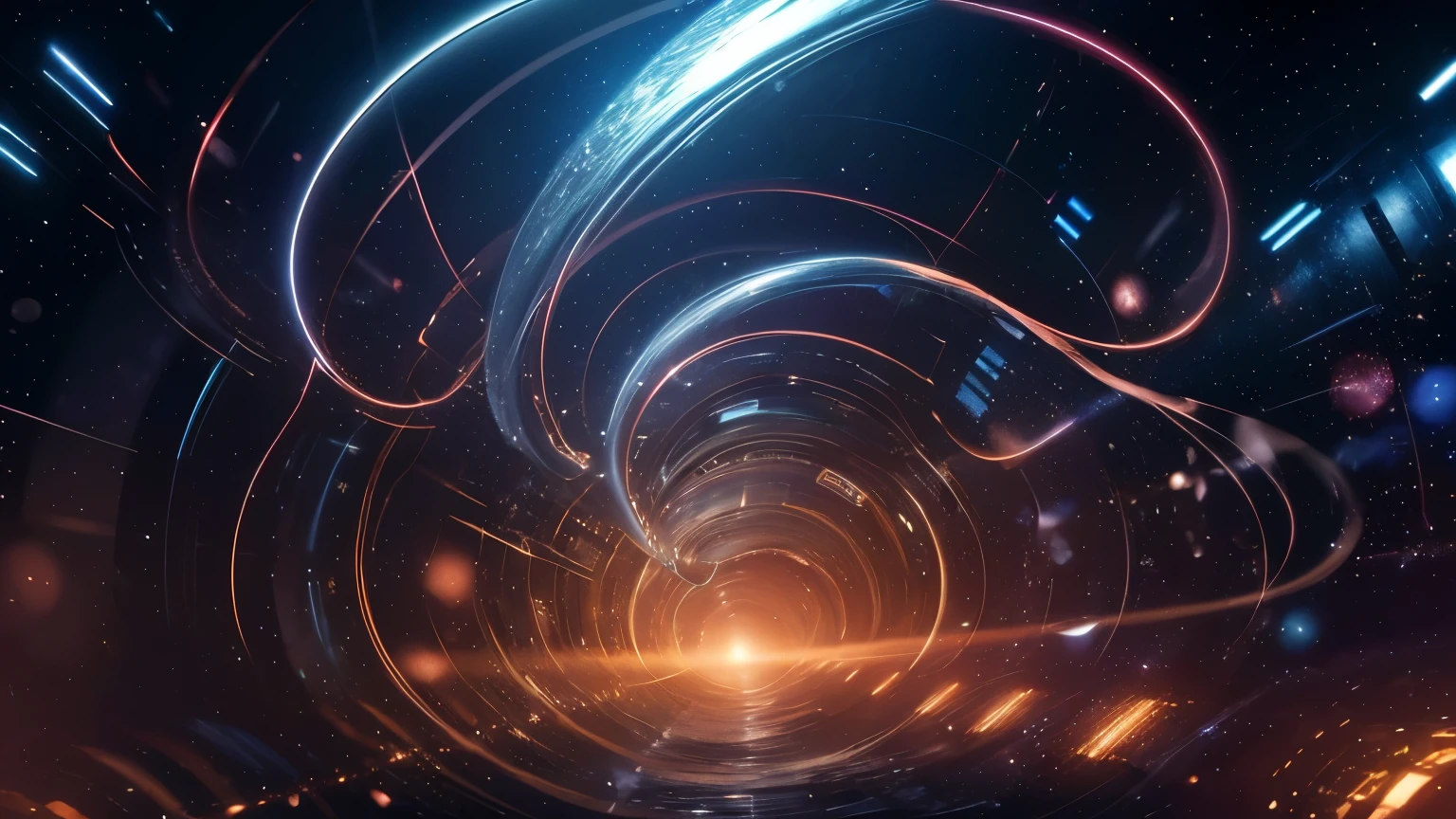 (masterpiece),(best quality),8k,high detailed,ultra-detailed,A twisted space-time tunnel with flowing light and blurred surroundings,((space-time tunnel)),((spiraling light patterns)),flowing light,blurred surroundings,star-like specks,distant light point