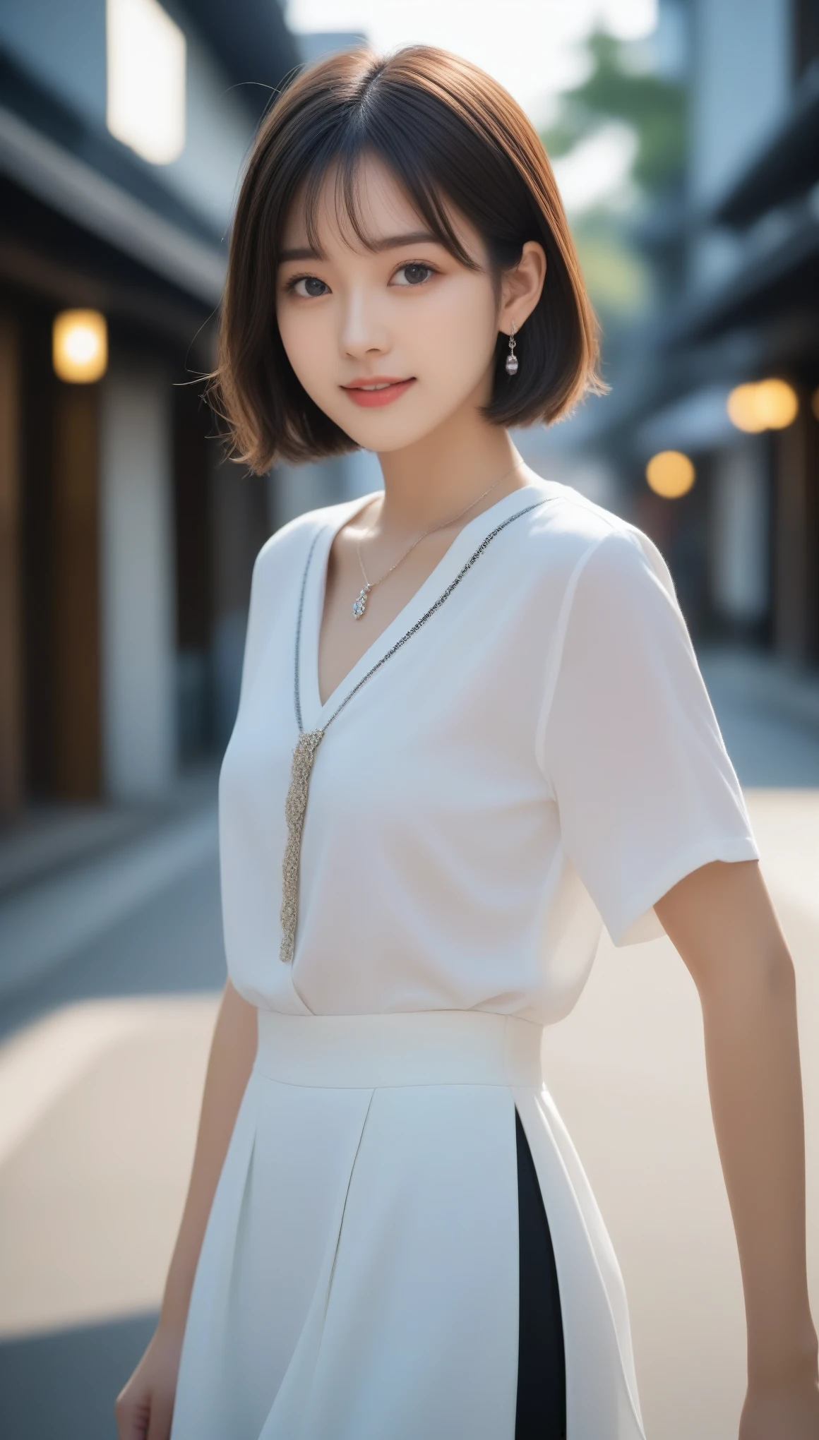 8k, Ultra-high resolution, highest quality, masterpiece, Rule of thirds photography,Surreal, photograph, 1 girl, (16 years old:1.3), pretty girl, Cute Face, Beautiful eyes in every detail, 細かくdetailedに,masterpiece,, One Girl:1.2, Japan Female Announcer,Very beautiful face, Very beautiful body,Gentle expression, Very beautiful eyes,(Perfect Makeup:1.1),Fashion Model,short hair,Black short bob, Striped blouse,Cotton Long Skirt,necklace,anklet,Elegant pumps,A kind smile,whole bodyポートレート,(Street background:1.3), (Shiny skin),(Earrings),,Looking at the audience、beauty,Long neck、Laugh a little、Please close your mouth and laugh、(((Ideal body type))),A-cup small breasts :2,whole body、Perfect ???????、鮮明なdetailed、detailed、Surreal、Light and shadow,Strong light