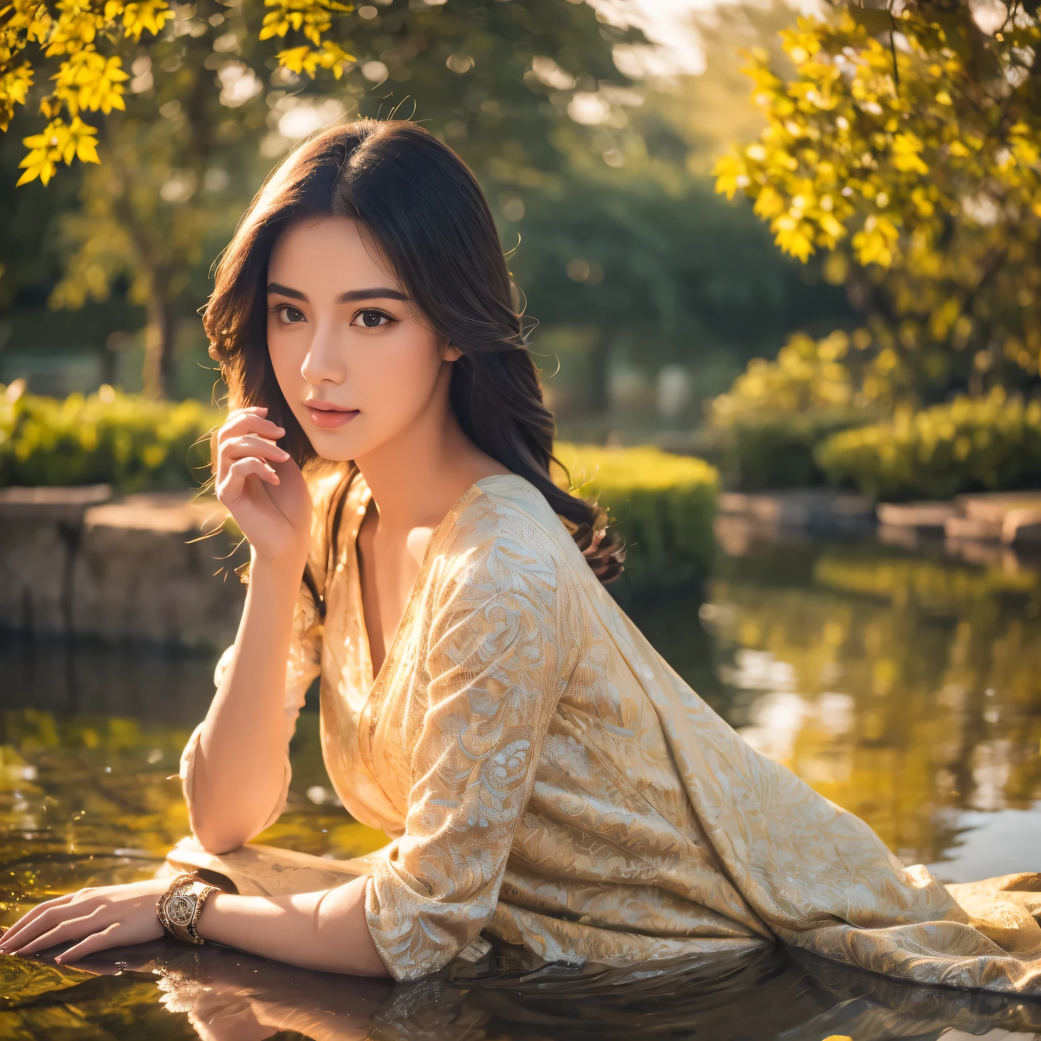 A girl in casual clothes, sitting by a clear fish pond, her hair blowing in the breeze, beautiful detailed eyes, beautiful detailed lips, extremely detailed face, longeyelashes, serene, peaceful, photorealistic, highly detailed, 4k, 8k, hyperrealistic, masterpiece, intricate details, natural lighting, studio lighting, warm color tones, vibrant colors, cinematic composition, depth of field, hyper detailed, photo-realistic, volumetric lighting, atmospheric perspective, dramatic lighting, dramatic shadows, realistic reflections, intricate patterns, dynamic pose, elegant, beautiful, graceful