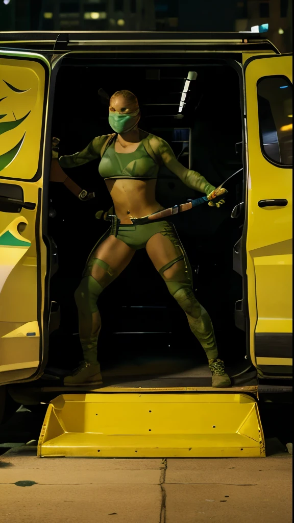 (Best quality, 8k, 32k, Masterpiece, UHD:1.2) Transform the setting of this image to feature the Turtle Party Van with the age Mutant Ninja Turtles and April O'Neal. The background should be the New York City skyline at night, with visible skyscrapers and city lights. April should be leaning out of the van's window, with brown hair, looking prettier with an engaging expression. The turtles should be inside or on top of the van, posing in ninja style. They should have realistic reptilian details and textures while maintaining their humanoid appearance.

Introduce April O'Neal leaning out of the window of the Turtle Party Van, looking excited and engaged. The TeenMutant Ninja Turtles should be positioned around the van, either inside or on top, striking dynamic ninja poses. Leonardo, with a blue bandana, should have smooth, greenish-brown skin and a detailed shell. Michelangelo, with an orange bandana, should have a speckled, olive-green skin tone. Donatello, with a purple bandana, should exhibit darker, rugged skin with patches of mottled brown. Raphael, with a red bandana, should have rougher skin texture with visible veins and a deep green hue.

Highlight their reptilian nature with realistic skin textures, scales, and moist surfaces. Each turtle should be depicted in a unique ninja pose, showcasing their agility and combat readiness.

The lighting should be dynamic, with contrasted shadows and highlights that accentuate their forms and the details of the van. Utilize ambient lighting from the city lights, streetlights, and neon signs, casting realistic glows and reflections on April, the turtles, and the van.

Ensure the scene captures the energy and excitement of the turtles and April in action with the iconic Turtle Party Van, set against the dramatic and vibrant backdrop of New York City at night.
