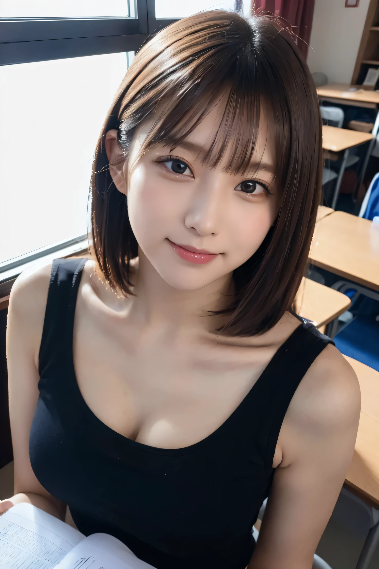 ((exam:1.3)), , skin color, big , smile, (8k, RAW photo, highest quality, masterpiece:1.2), masterpiece, super detailed, super high quality, (realistic photo:1. 37), high resolution RAW color photo, very delicate and beautiful, highly detailed, 8k wallpaper, amazing, detailed, very eyes, very detailed, very detailed skin, very slender fingers, very detailed nose, very detailed mouth, perfect anatomy, upper body, transparency, Idol, Korean idol, carving idol pose, 18 years old, cheap, classroom, exam hall, Italy, Australia, breaking ((upper eye)), ((angle from above: 1. 3)), from above, looking into the camera,