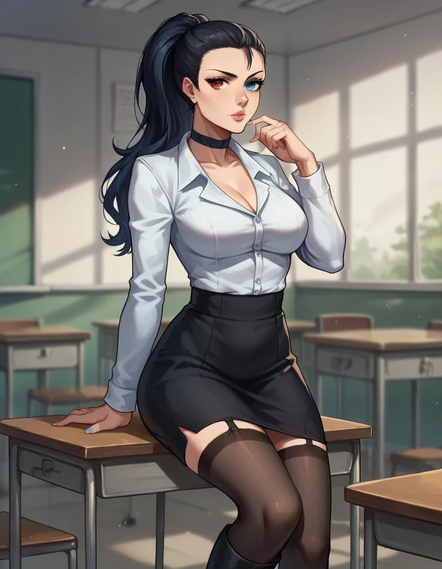 score_9, score_8_up, score_8,
viola, ponytail hair, heterochromia eyes, left eye red, blue eye blue, 1girl, solo, blue eyes, heterochromia, ponytail, red eyes, black hair, lips
mature,
choker, boots, black skirt, shirt, white blouse, black footwear, garter and stocking,
amazing background, school, classroom