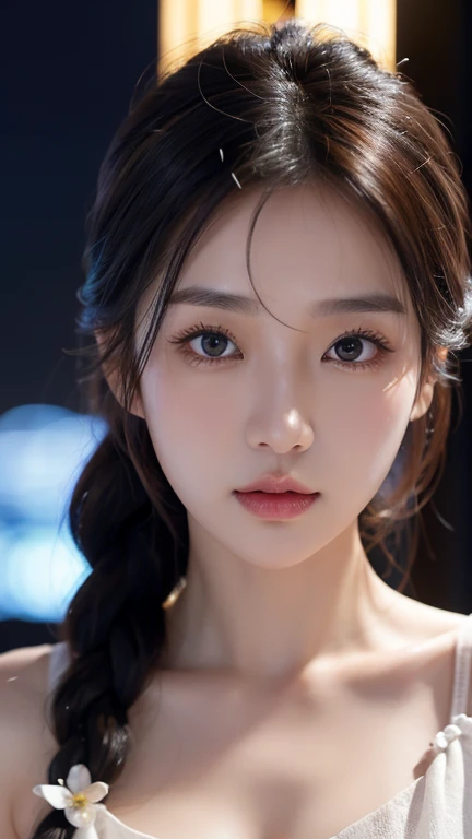 Half body portrait of Korean woman with braided hair, Beautiful and spellbinding for every eye, Under the eyes, night picture, dress up tank top, flowers in hair