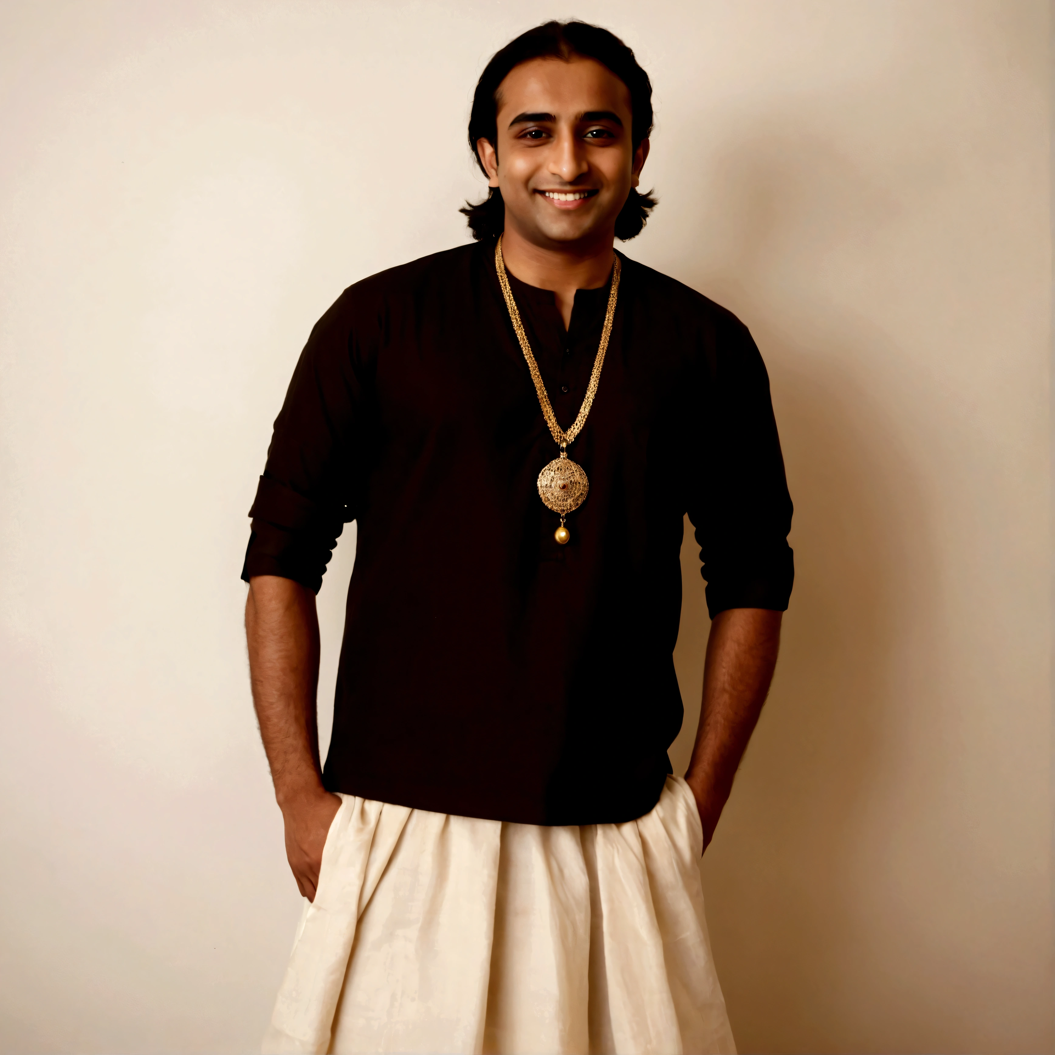 Create a full-body image from head to toe of Faiz_the_Eco-Magician standing against a white backdrop. Faiz is deeply rooted in Lahore's rich environmental and historical heritage. They have a warm, dark-brown skin tone that reflects their Balochi heritage. Their face is round with a big smile, a friendly and inviting expression, large almond-shaped brown eyes that sparkle_with_curiosity_and_kindness, and bushy eyebrows. Faiz's hair is black, cropped very close to skin, with a braid playfully falling across their left shoulder They stand at approximately 5 feet 8 inches tall, with a slightly obese physique, embodying a healthy and approachable presence. Faiz is dressed in traditional Pakistani attire a white dhoti and beige khaddar kurta with an earth theme pendant and bangle. They wear a rust wornout khussa. In one hand, Faiz holds small paper flower.