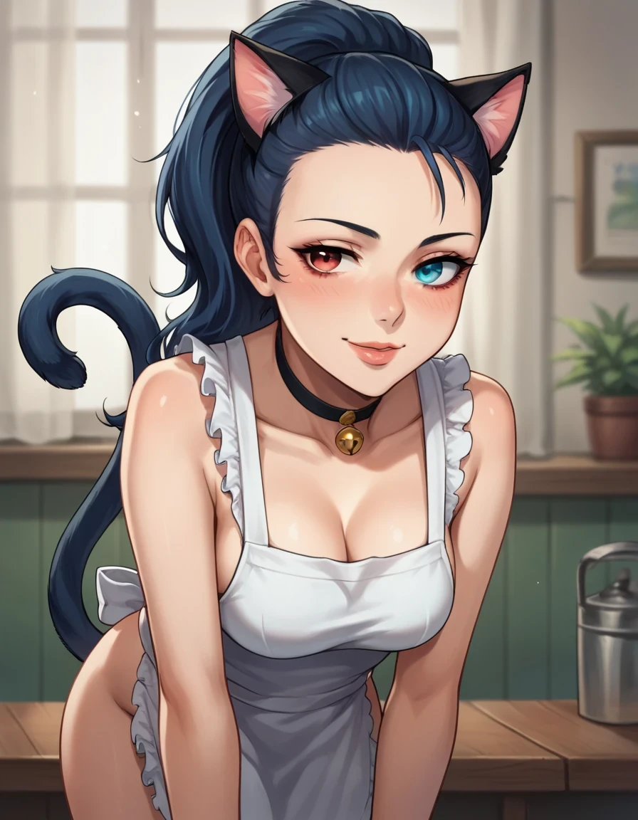 score_9, score_8_up, 1girl, viola, ponytail hair, heterochromia eyes, left eye red, blue eye blue, 1girl, solo, blue eyes, heterochromia, ponytail, blue hair, red eyes, black hair, blush, lips, naked apron, cat ears, cat paws, :3, cat tail, leaning forward, choker, black nails, makeup, smile,