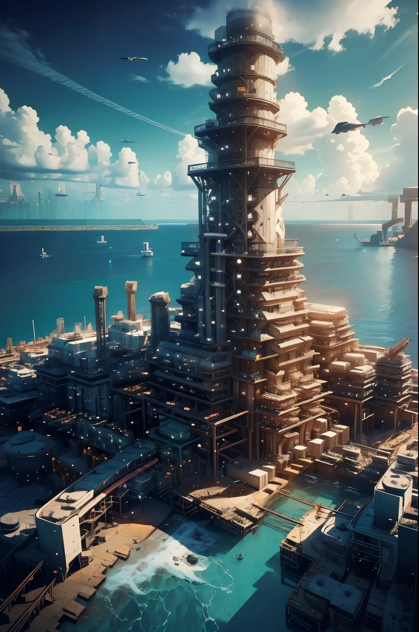 (((The offshore plant floats on the ocean.:1.5))),heliport,Beautiful ocean drawing,(From below),(((masterpiece:1.5),(highest quality:1.5),(Very detailed:1.5),(High resolution:1.5),(Realistic:1.5),(RAW Photos:1.5),(Delicate depiction),(Gentle colors))),8k,wallpaper