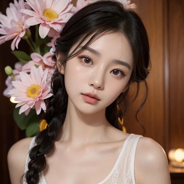 Half body portrait of Korean woman with braided hair, Beautiful and spellbinding for every eye, Under the eyes, night picture, dress up tank top, flowers in hair