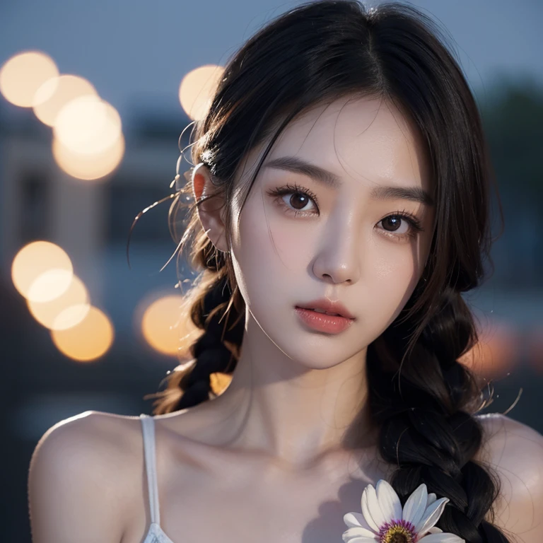 Half body portrait of Korean woman with braided hair, Beautiful and spellbinding for every eye, Under the eyes, night picture, dress up tank top, flowers in hair