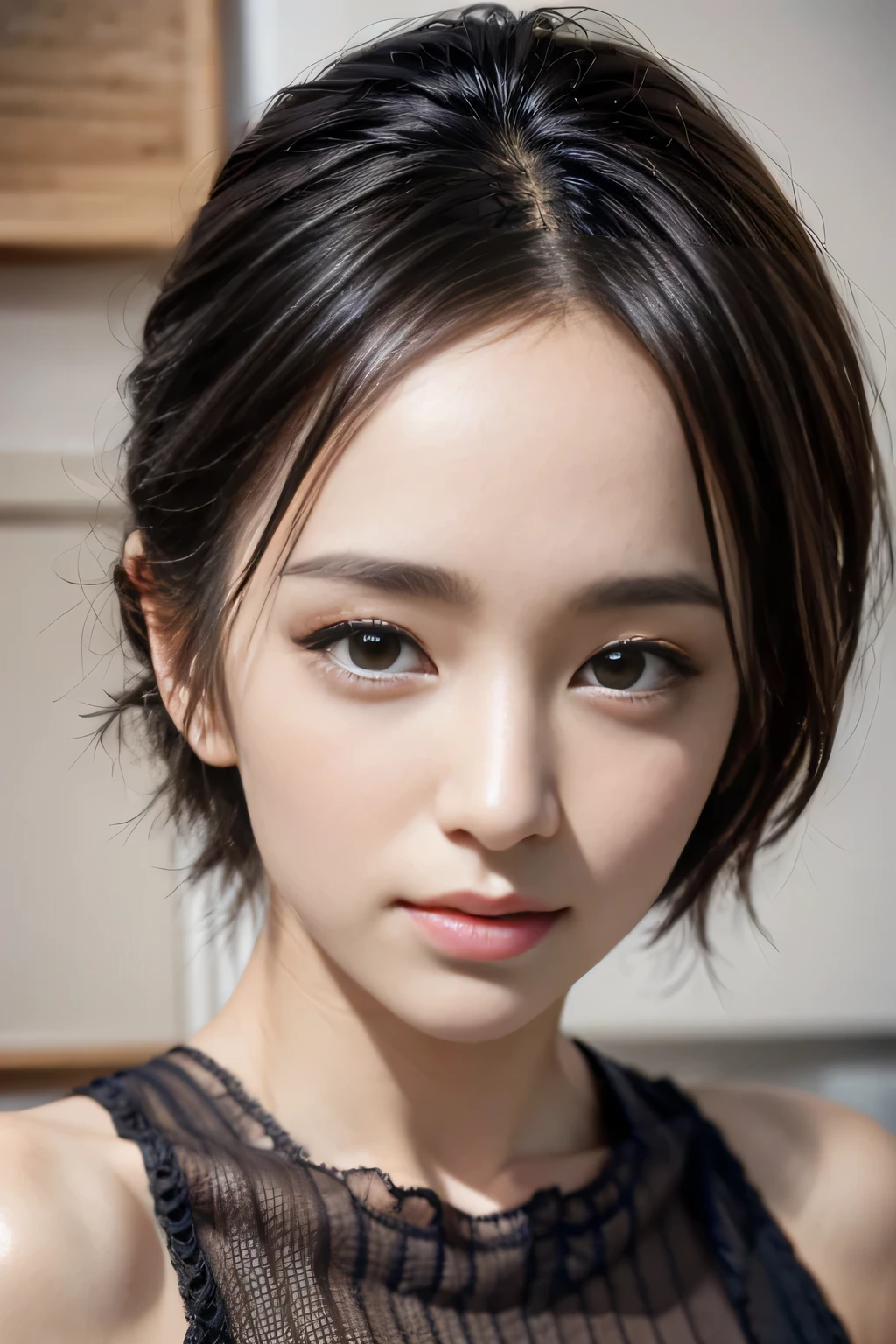 (masterpiece:1.3), (8k, Realistic, RAW Photos, highest quality: 1.4), (One girl), Beautiful Face, (Realistic Face), (Black Hair, short hair:1.3), Beautiful Hairstyles, Realistic eyes, Beautiful fine details, (Realistic Skin), Beautiful Skin, (sweater), Absurd, Charm, Ultra-high resolution, Ultra-realistic, Very detailed, Golden Ratio
