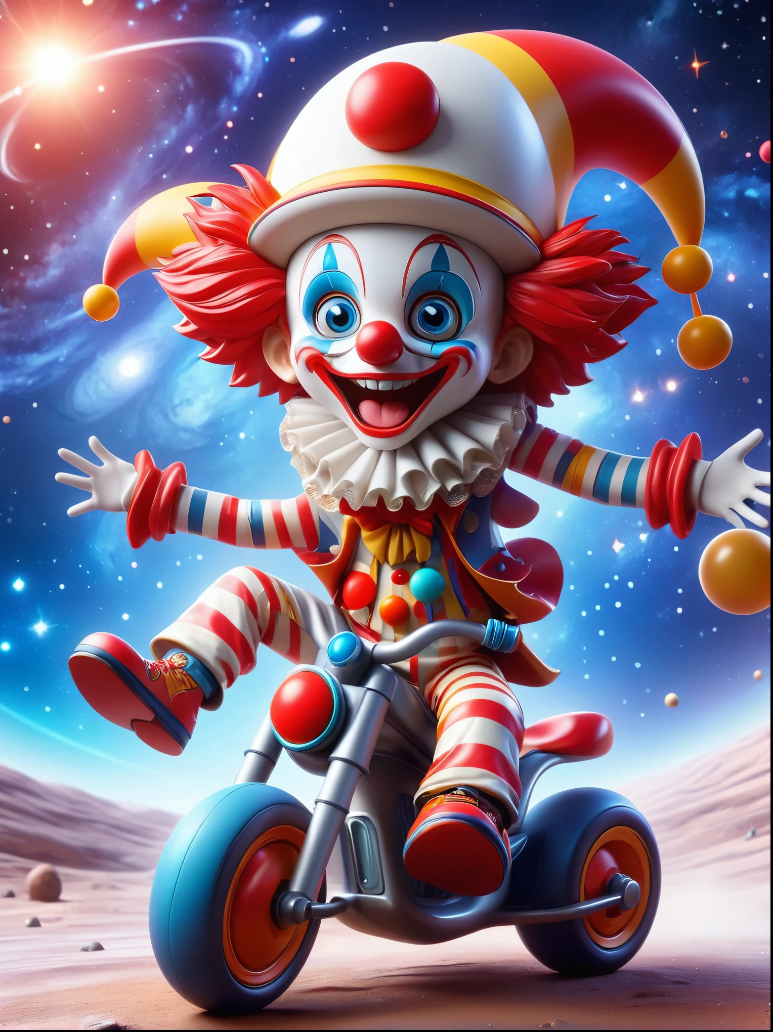 (chibi), 1boy, solo, (A visually impactful Q-version clown image),  Wearing a black visor，Wearing a crisp white suit with red shoulder straps，Cute clown riding a motorcycle with big grip tires(Children's tricycle), (Exploring the lunar surface)，(The background shows a stunning galaxy filled with stars and cosmic wonders:1.3), Imaginative image of space exploration, Add whimsy to the scene, full-body shot, Cartoon Style, Created with C4D and Blender, Blind box toy styles, Super Detail, anatomically correct, masterpiece, accurate, award winning, 8k, (Long-range shooting:1.4), (Wide Angle)