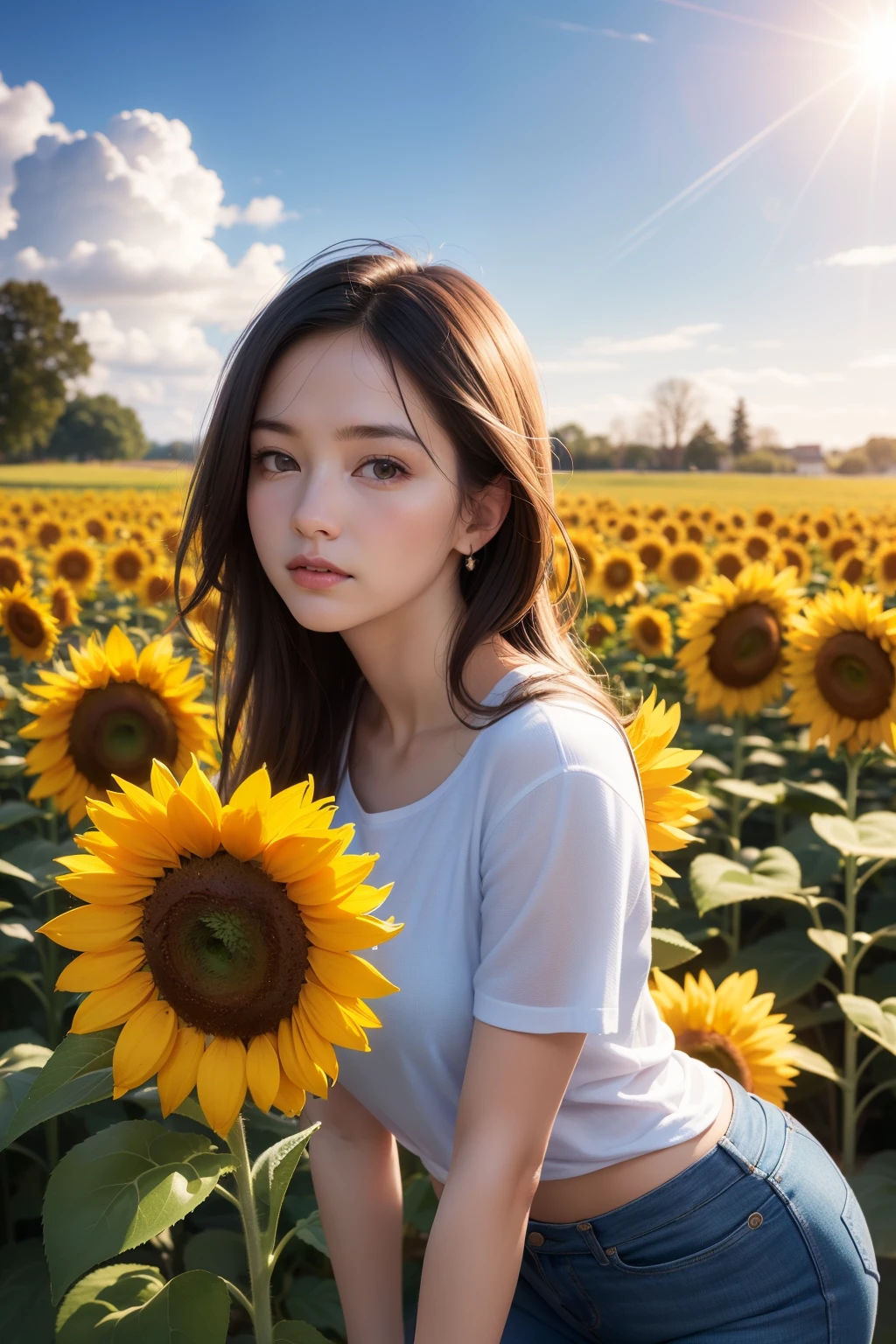 (Best quality), (8K), (top quality), (real photo), (Realistic photo), sunflower garden, blue sky, rainbow and sun shining.