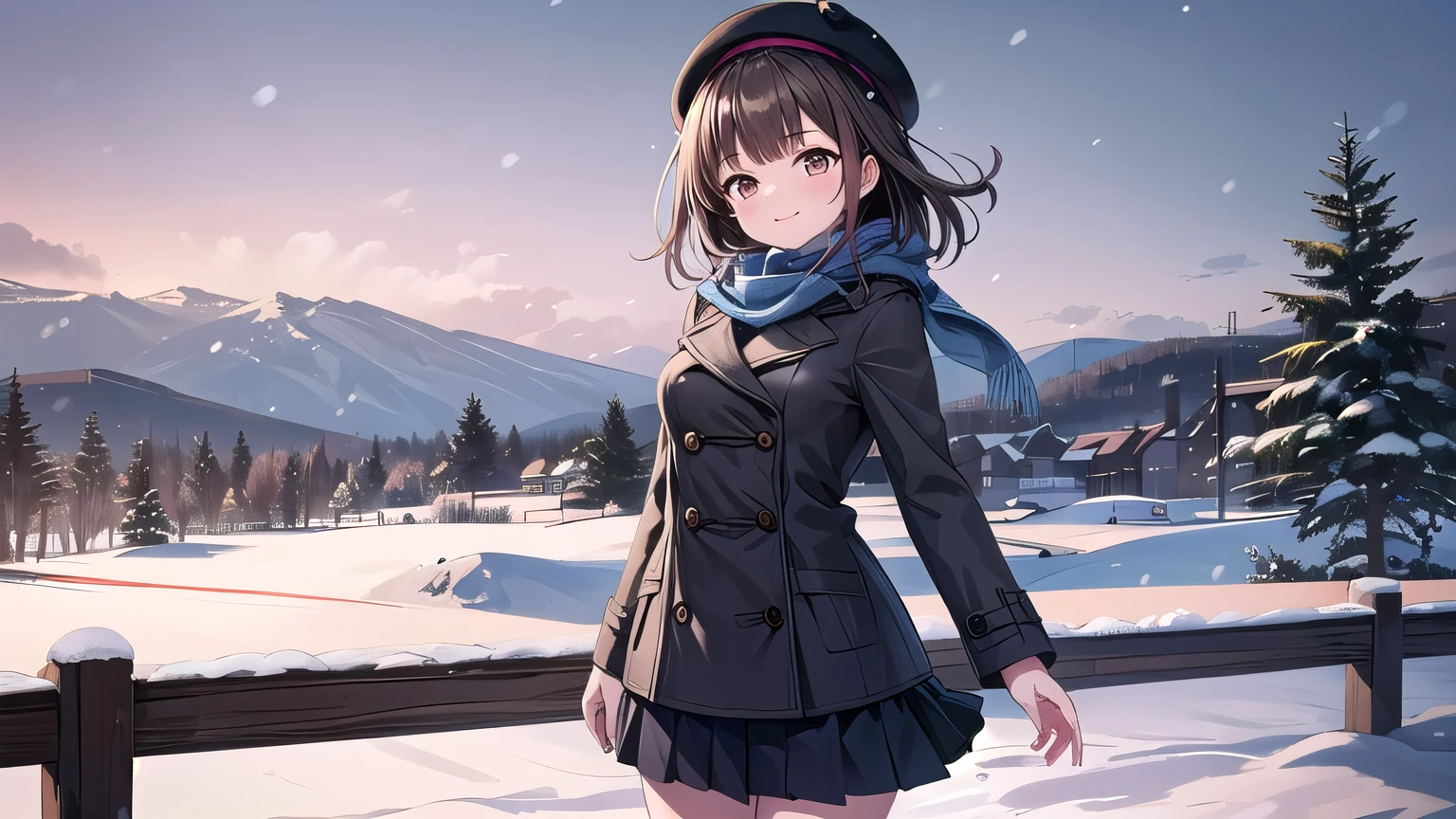 Solo Girl, 20 years old,Medium Length Hair, Dark brown hair, Brown eyes, Medium breasts, Happy,Pea Coat,Berets,Fluffy scarf,Overlength skirt ,outdoor, winter,snow, best quality, high resolution, Very detailed, Detailed background, Perfect lighting