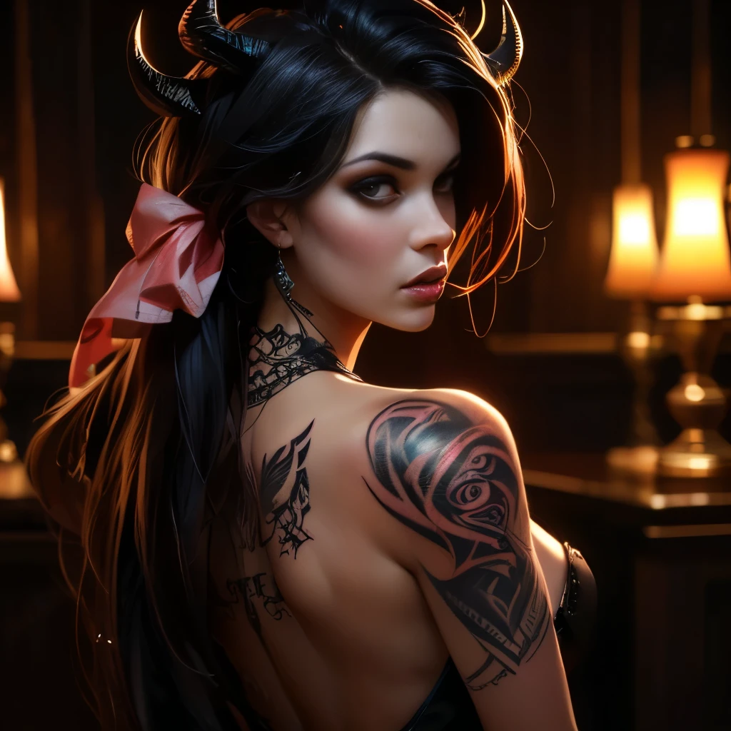 Succubus from behind、A beautiful and delicate succubus in a revealing outfit、(Correct Anatomy:1.37)、(I have a devil tattoo on my back:1.5)、Large, intricate and detailed demonic markings、Tattoo close-up、(highest quality、4K、8k、High resolution、masterpiece:1.2)、Very detailed、(Genuine、Realistic、Realistic:1.37)、Detailed Succubus、Fantastic lighting、green々leaf、Magical atmosphere、Dramatic Shadows、A disaster of vivid colors々A terrible hellscape