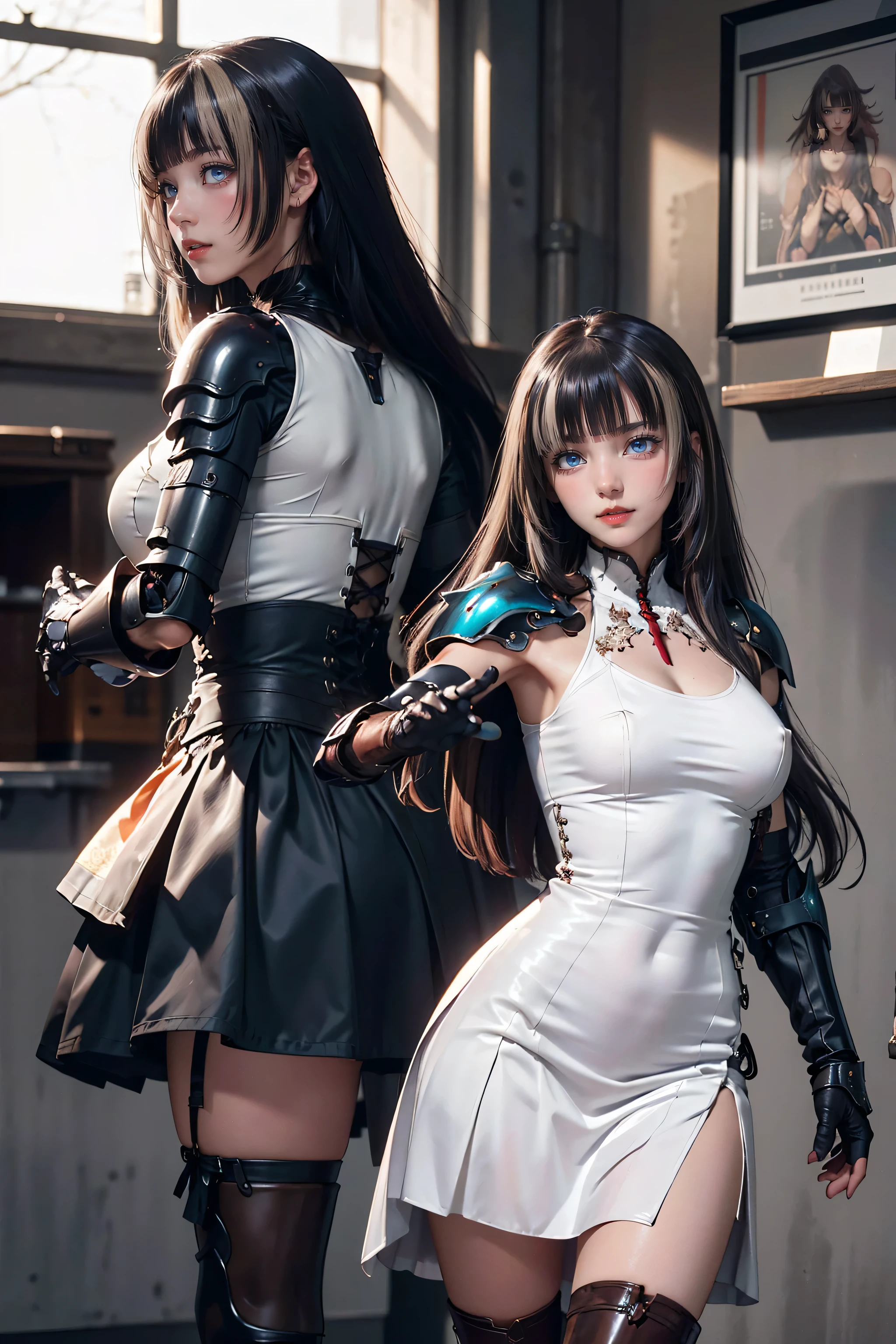 (NSFW:0.9),(Random Battle Poses:1.5),(Movie Scenes,Fantasy art,Best image quality,(8k),Ultra-realistic,最high quality,high quality,High resolution,High quality texture,Attention to detail,Beautiful details,Fine details,Highly detailed CG,Detailed Texture,Realistic facial expressions,masterpiece,before,dynamic,bold),1 Girl,Highly detailed skin,curve,Beautiful breasts,Big Breasts,Pale skin,Pointed Chest,Erect nipples,(Thin Hair),(Soft Hair),(Super Straight Hair),Long, slicked bangs,Very light coppery amber hair,Hair on one eye,(Leather boots,(asymmetrical mechanical armor),(White lace long dress with embroidery,See through:1.2))